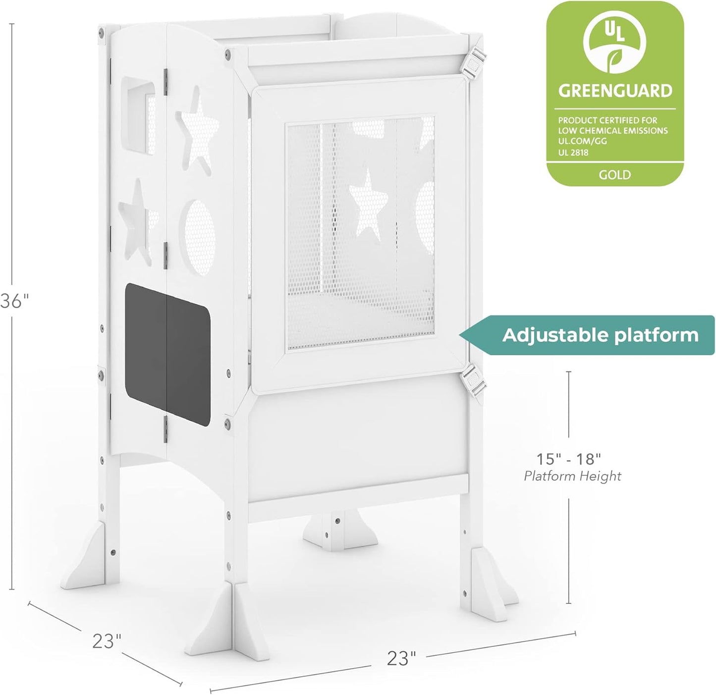 Classic Kitchen Helper® Stool - White with Keepers and Non-Slip Mat: Foldable, Adjustable Height Safety Cooking Tower for Toddlers with Chalkboard | Kids Learning Platform