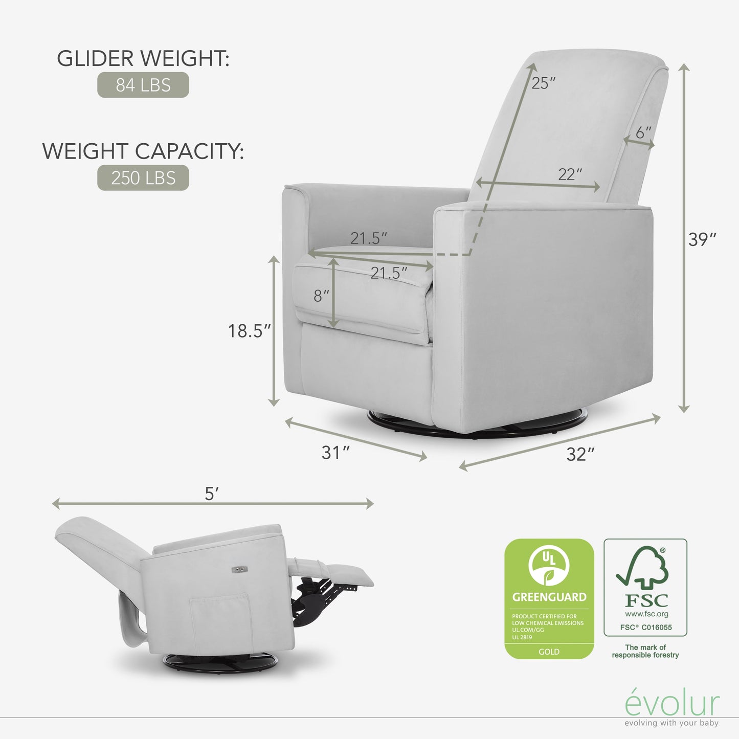 Evolur Harlow Power Recliner Glide Rocker with USB Port, Misty Grey, Greenguard Gold Certified