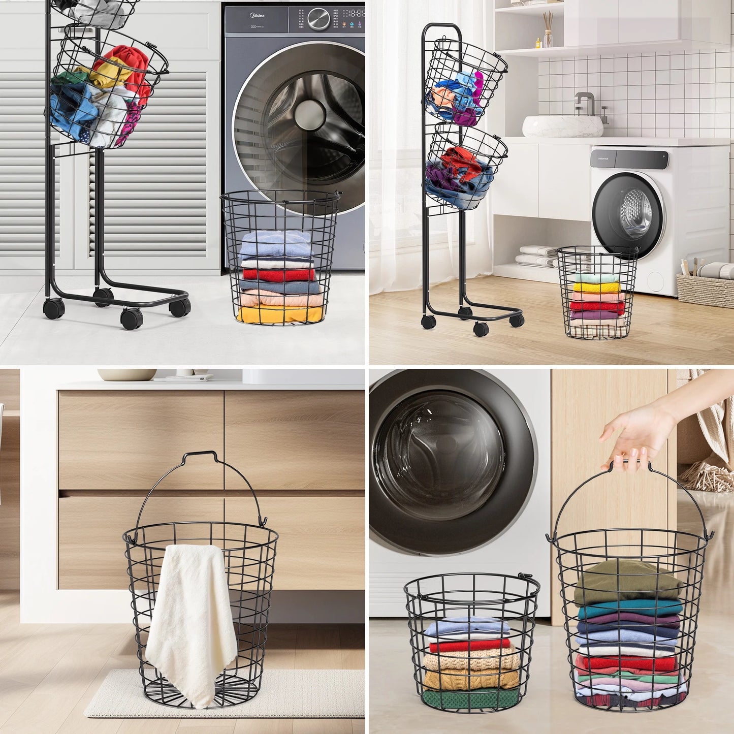 Removable 3 Tier Metal Rolling Laundry Basket Cart,Large Capacity Wire Basket Laundry Hamper with Wheels, Laundry Butler for Bathroom Bedroom Laundry Room, Black