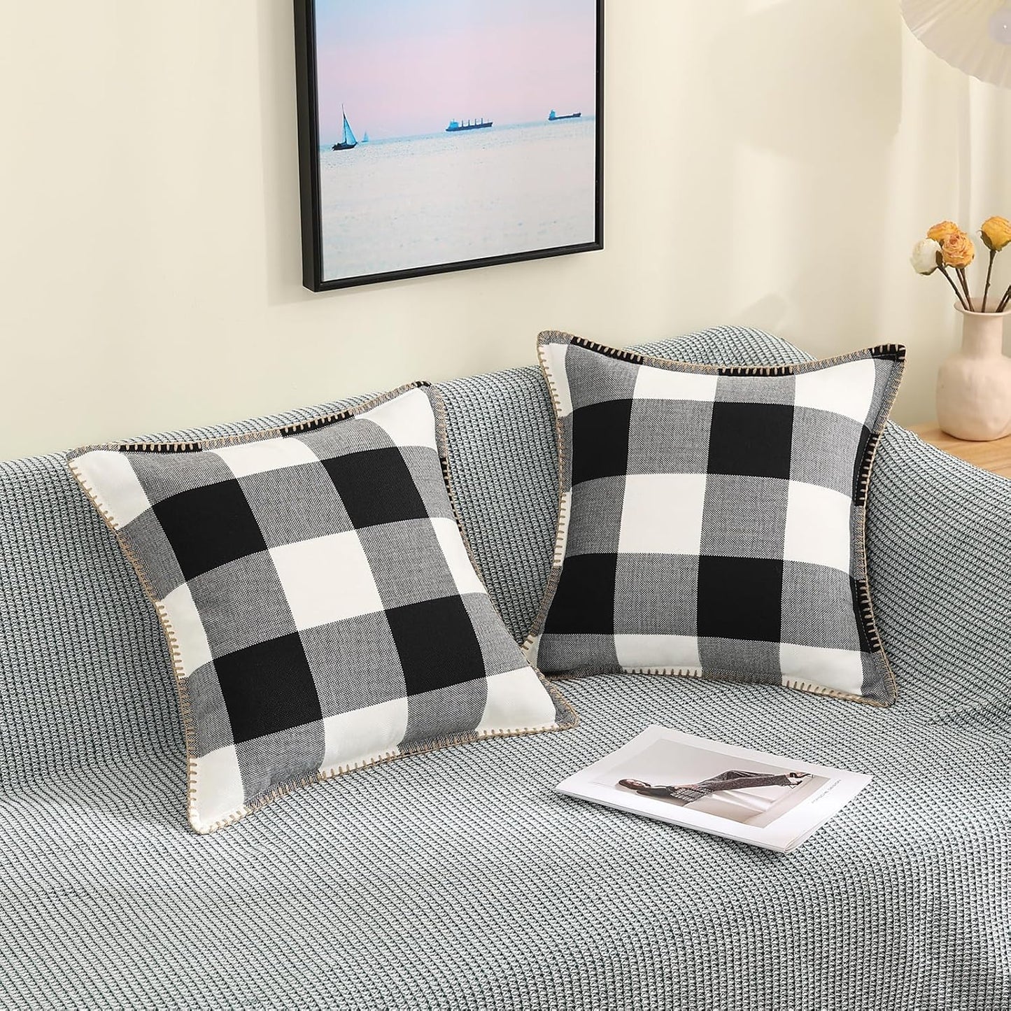 Buffalo Plaid Check Spring Throw Pillow Covers 20X20 Set of 2, Outdoor Decorative Farmhouse Pillow Covers with Stitched Edge for Bed Couch Sofa, Black and White