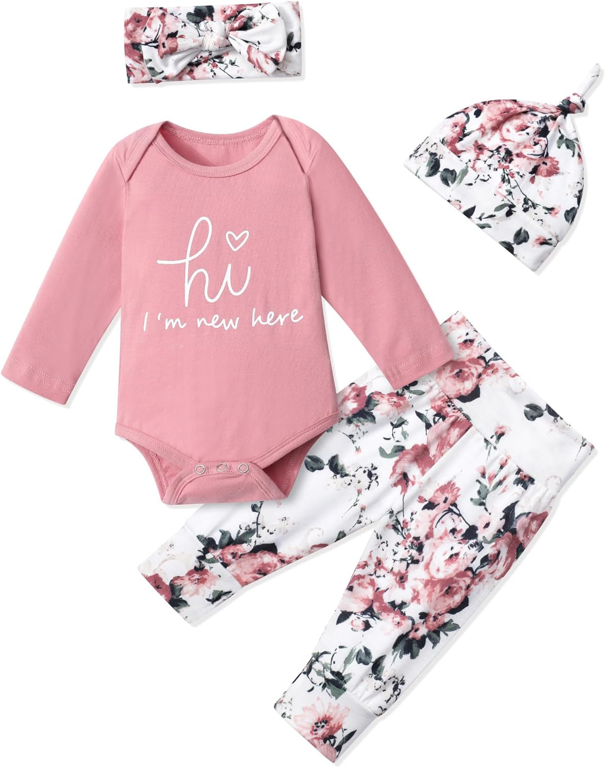 Newborn Baby Girl Clothes Hi I'M New Here Newborn Outfit Infant Romper Floral Pants Cute Baby Girl Outfits 4PC Set