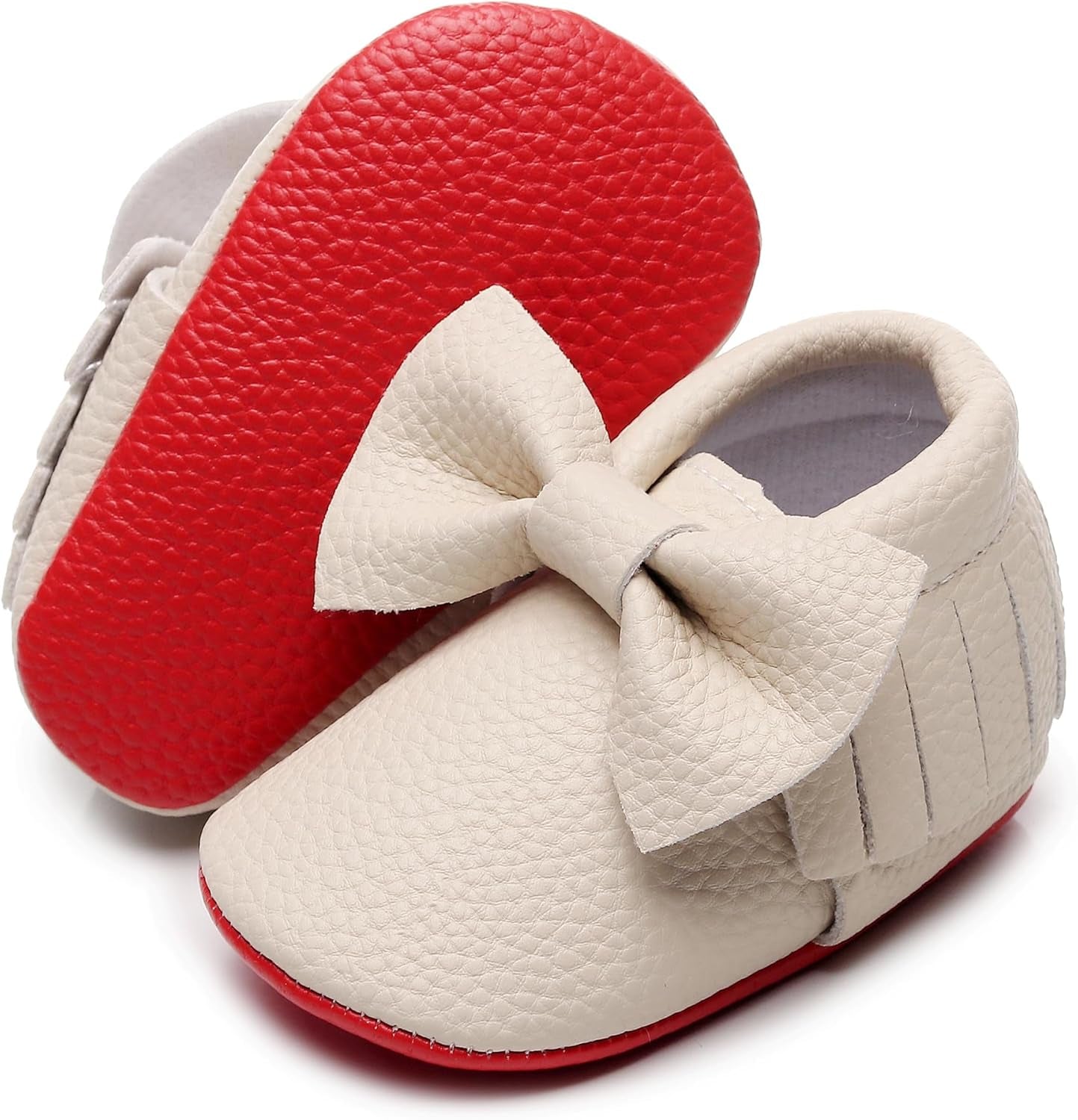 Double Bow Fringe Baby Moccasins - Soft Sole Baby Shoes Girls Toddler Crib Flats