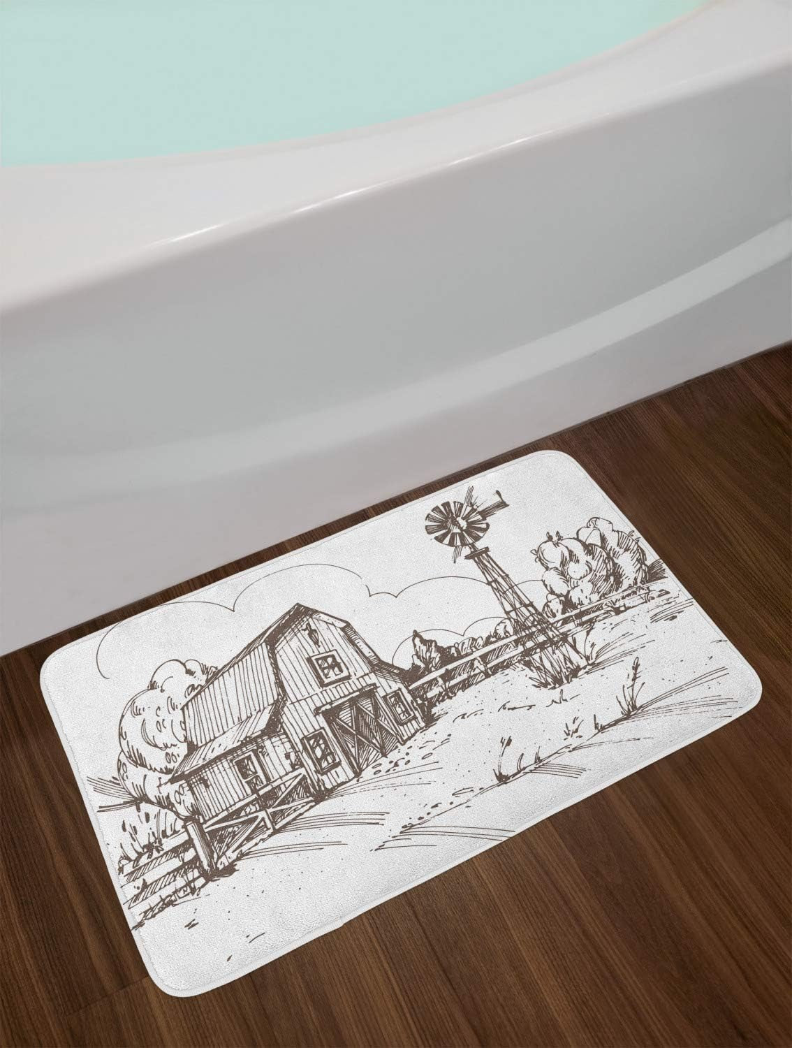 Windmill Bath Mat, Rustic Barn Farmhouse Hand Drawn Illustration Countryside Rural Meadow, Plush Bathroom Decor Mat with Non Slip Backing, 30.2" X 20", Dark Brown and White