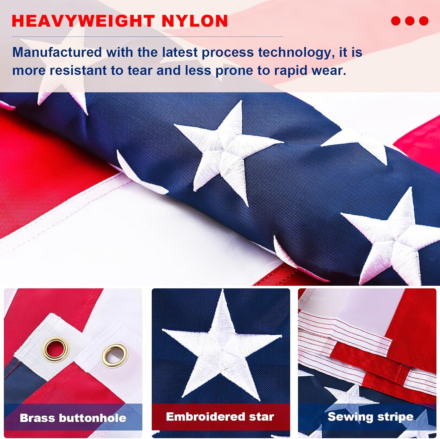 American Flag 8X12 Outdoor - Nylon US Flags with Embroidered Stars, Stitched Stripes and Brass Grommets