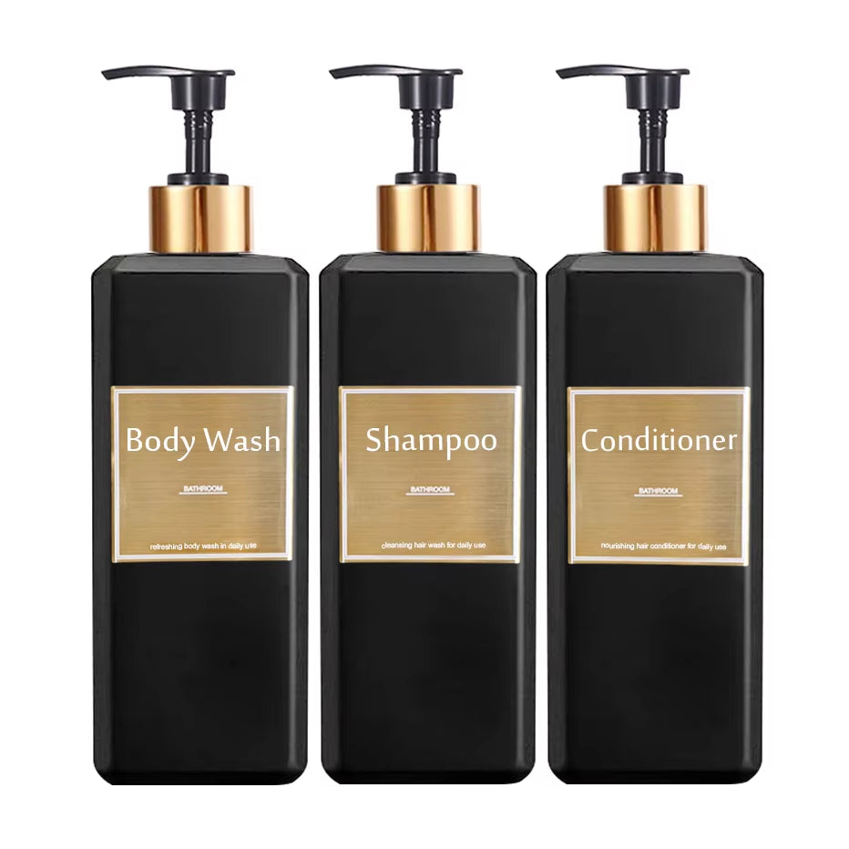 500Ml/16.9Oz Shampoo Dispenser Press Pump Bottle with Gold Waterproof Labels Bathroom Shampoo Conditioner Body Wash Bottles