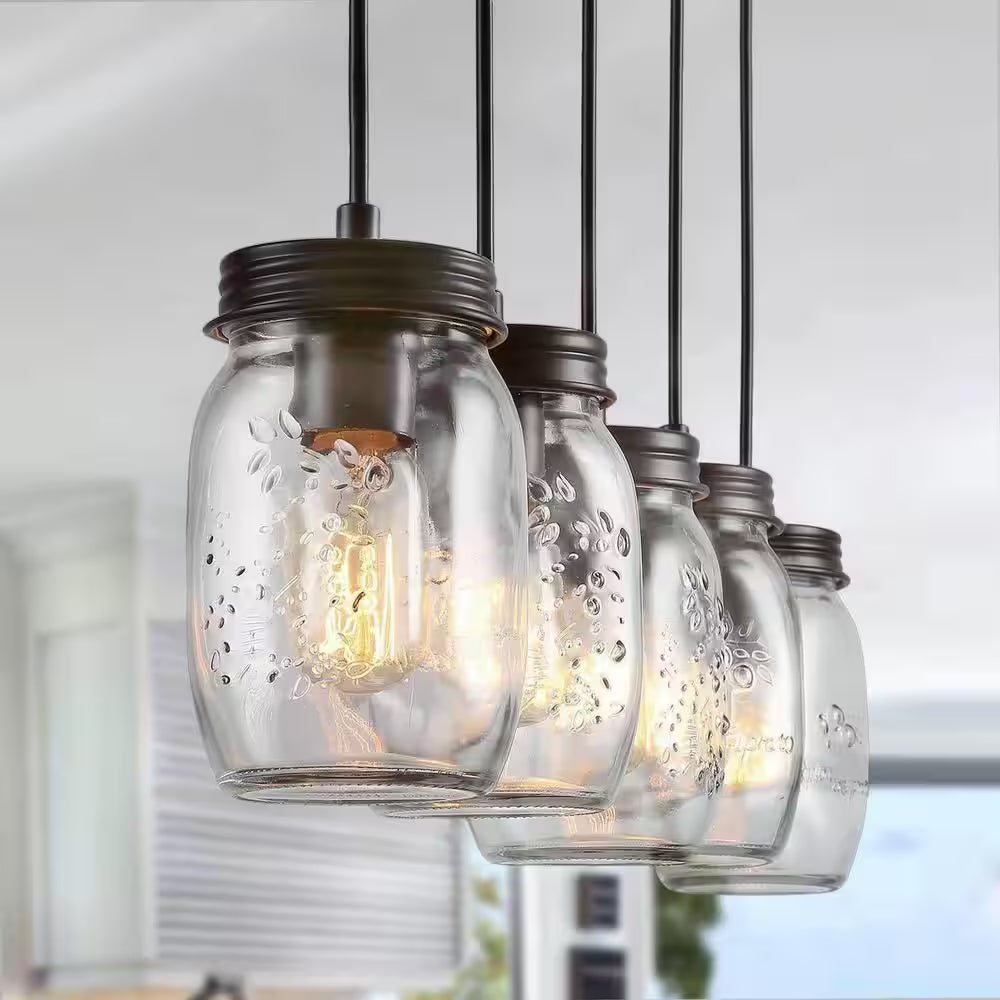 Modern Farmhouse 33 In. Wood DIY Linear Cluster Chandelier 5-Light Dark Brown Island Pendant with Rustic Mason Jar Shade