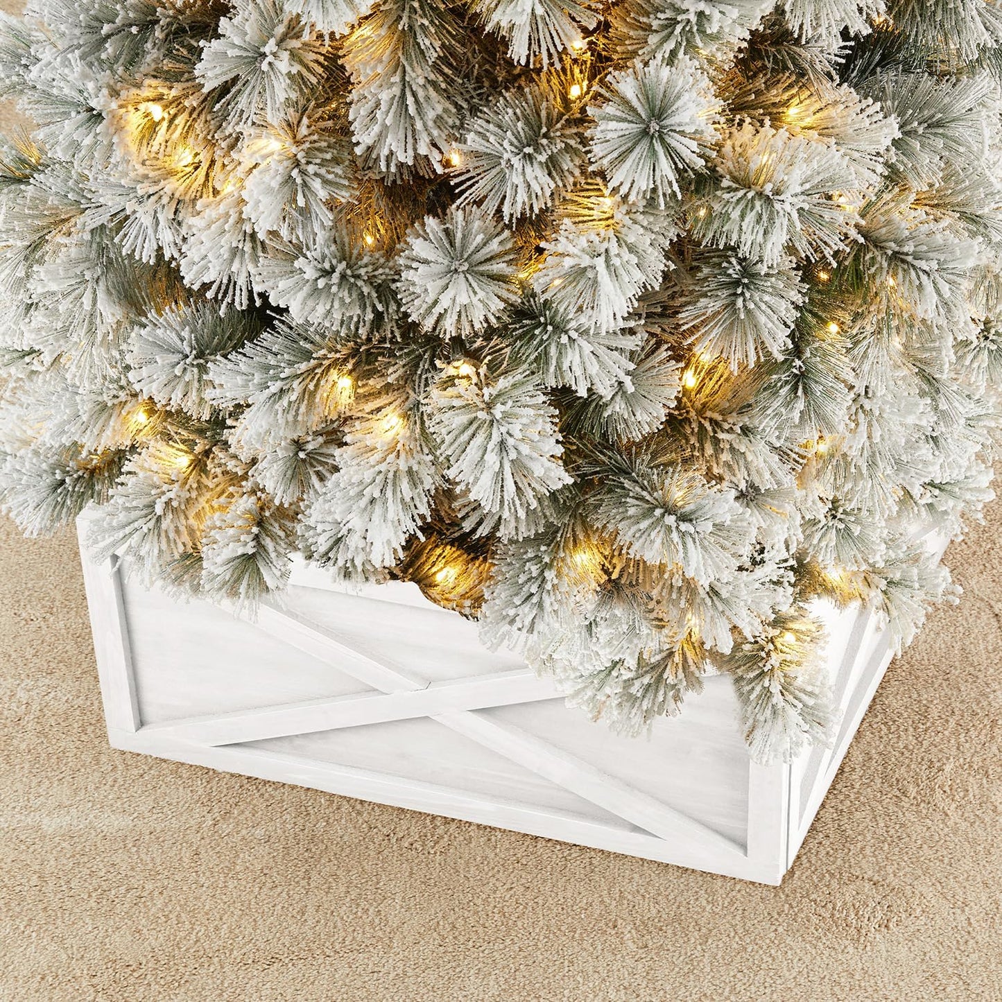 Washed White Wooden Tree Collar Tree Stand Cover Christmas Tree Skirt Tree Box, 32" L X 32" W