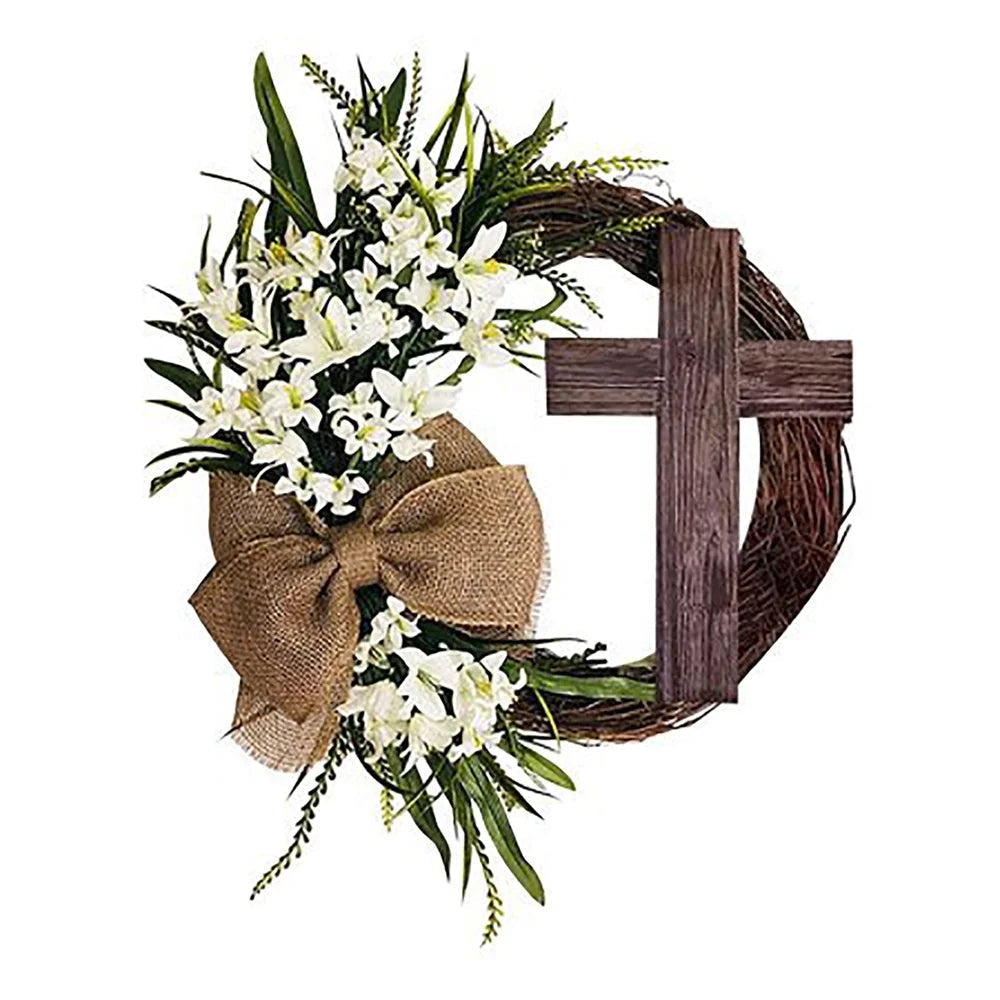 Easter Wreath with Cross Burlap Bow Rustic Grapevine Wreath Spring Decorating Farmhouse Decor Wall Home Decor Gift DIY Easter Front Door Wreath Decoration