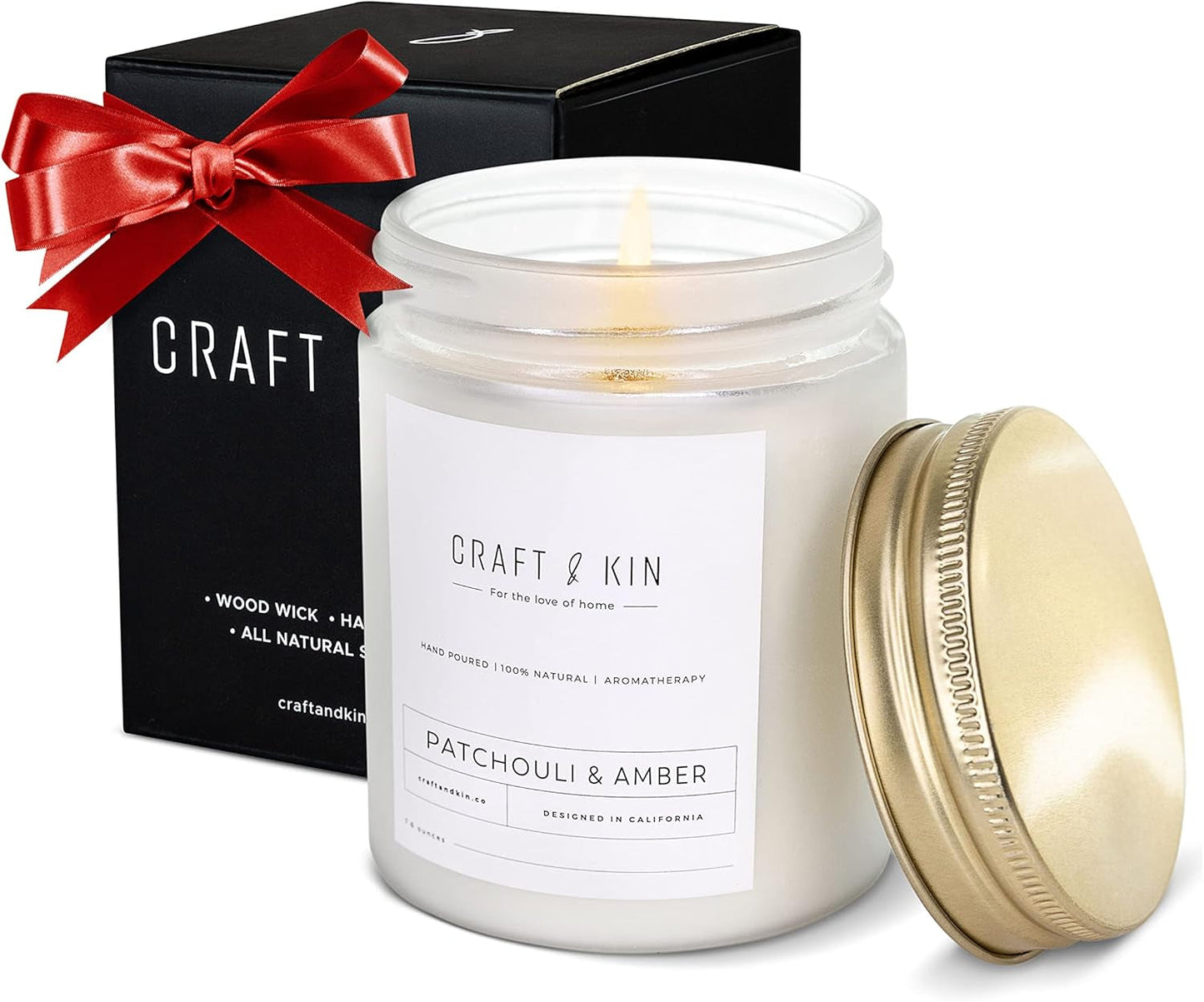 Patchouli & Amber Scented Candles 8 Oz 45 Hour Long Lasting Summer Candles | Wooden Wick Candles | Men Candles for Bedroom, All Natural Soy Candles Scented, Relaxing Aromatherapy Candles