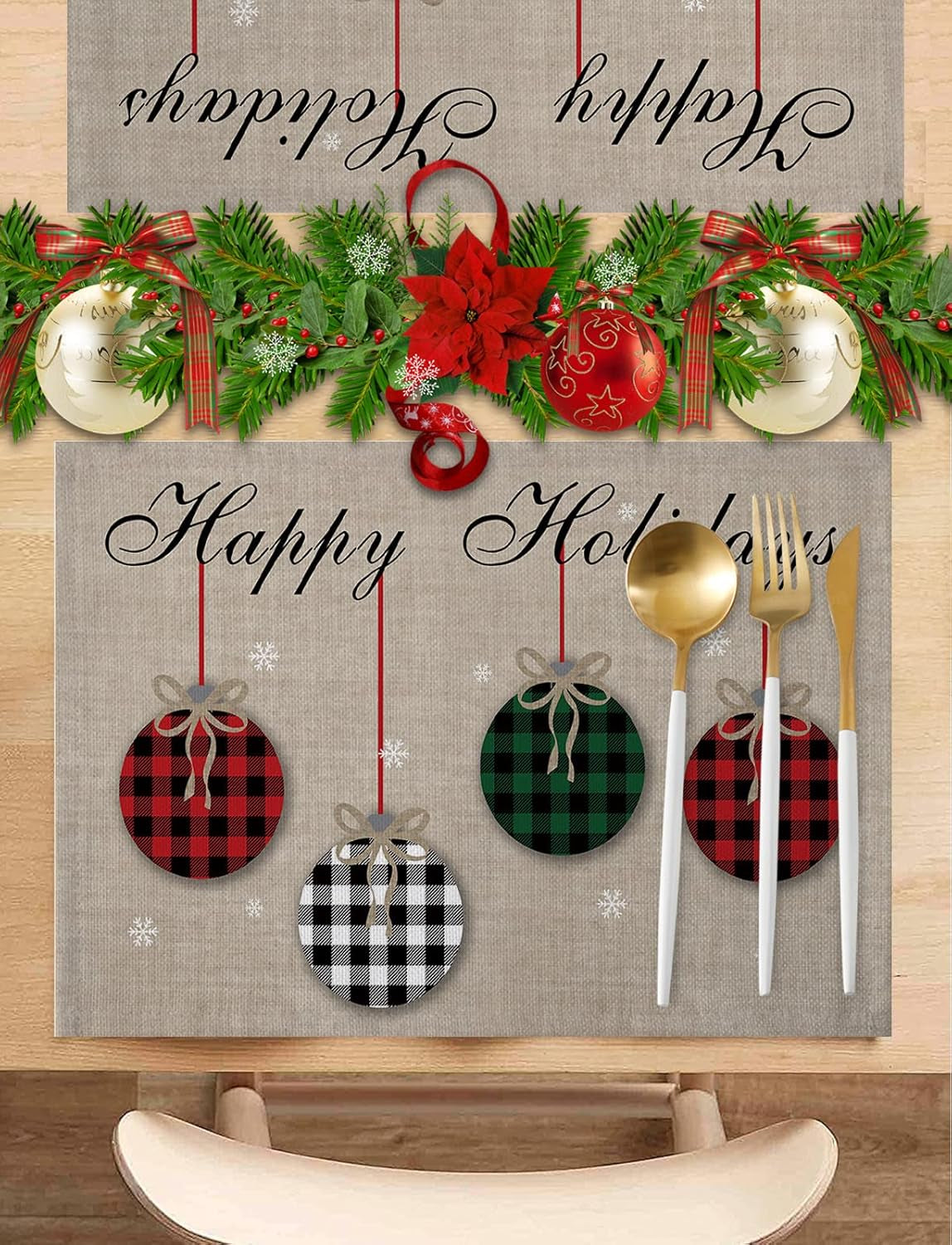 Christmas Theme Placemats Set of 6, Farmhouse Rustic Ornaments Plaid Balls Cotton Line Stain Resistant Table Mats Washable Holidays Placemat Decoration for Kitchen Dining Table Happy Holidays