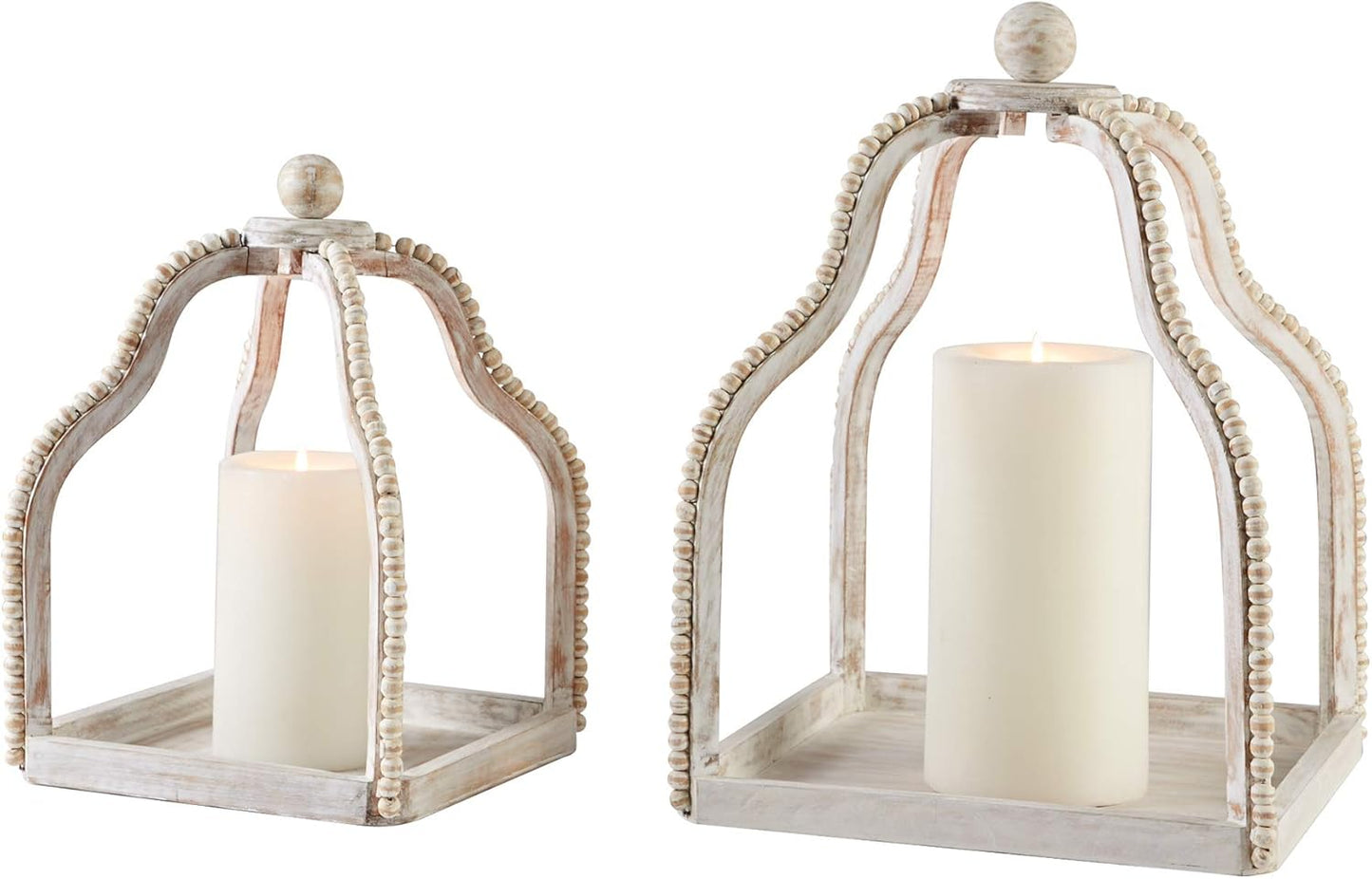 Wood Beaded Lantern Set, Distressed White WASH