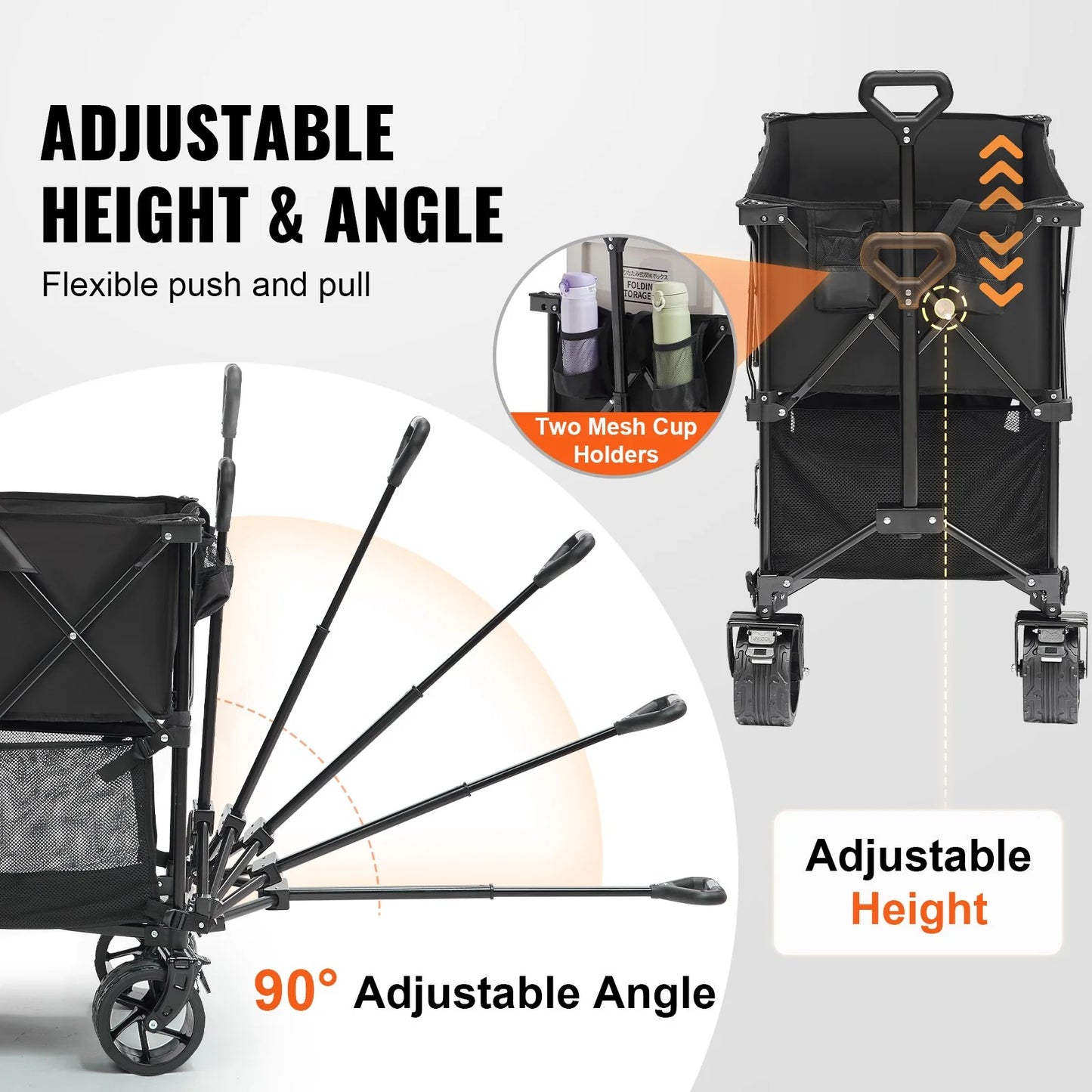 VEVOR Foldable Double Decker Wagon, 400L Collapsible Wagon Cart with All-Terrain Wheels, Heavy Duty Folding Wagon Cart 450 Lbs Weight Capacity for Camping, Shopping, Garden, 52 Extra Long Extender