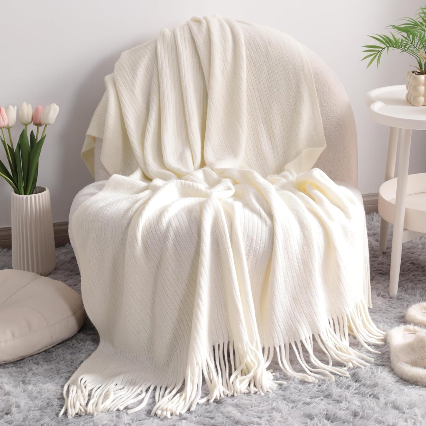 Acrylic Knitted Throw Blanket, Lightweight and Soft Cozy Decorative Woven Blanket with Tassels for Travel, Couch, Bed, Sofa, 51X67 Inches, Taupe Checkered