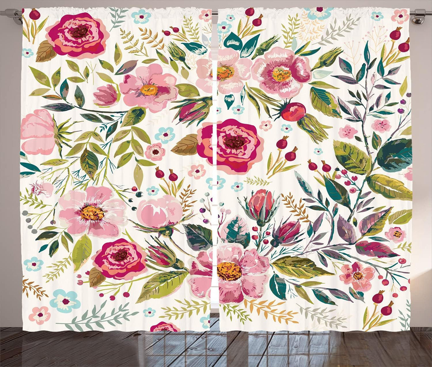 Floral Curtains, Shabby Form Flowers Roses Petals Dots Leaves Buds Spring Season Theme Image Artwork, Living Room Bedroom Window Drapes 2 Panel Set, 108" X 96", Magenta