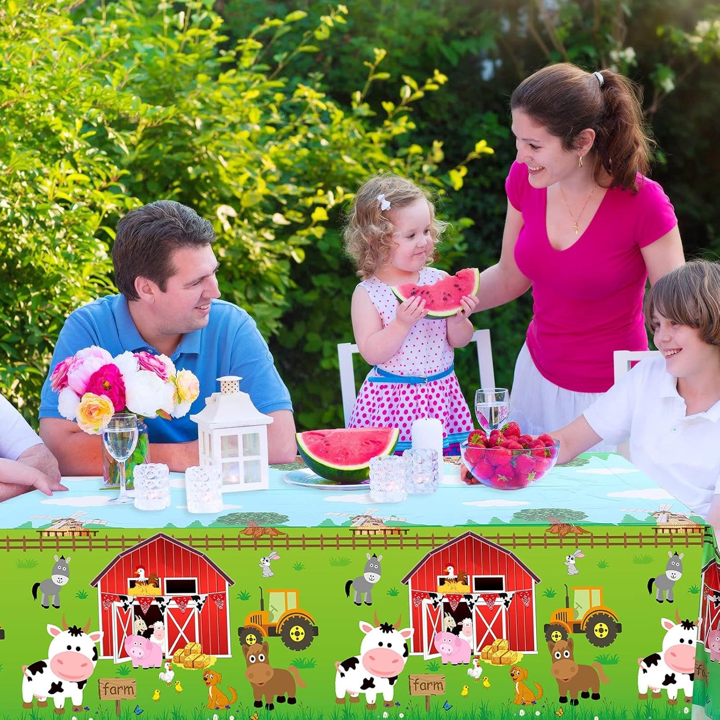 Farm Animals Party Tablecloth Farmhouse Disposable Plastic Table Cover Barnyard Farm Animal Theme Party Decorations for Baby Shower Birthday Party Supplies, 108 X 54 Inch (Red,1 Piece)