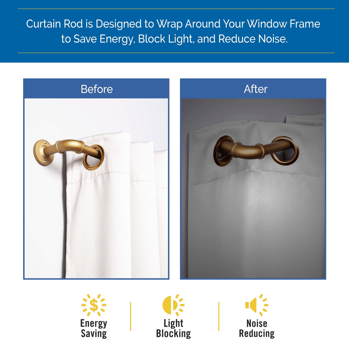 Bronn 3/4" Light Blocking Wrap around Window Curtain Rod, 36-66", Aged Brass