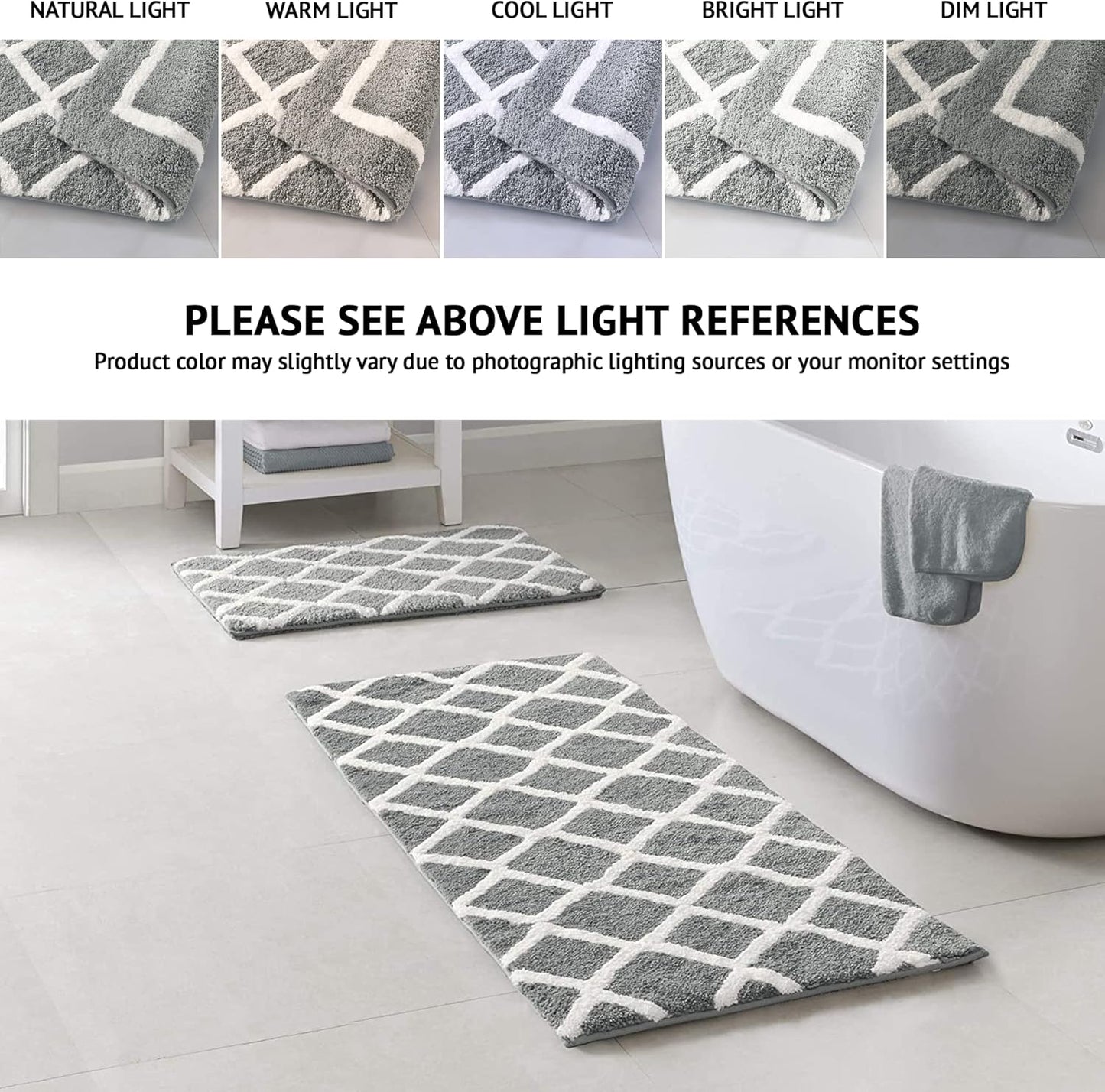 Bittman Reversible Bathroom Rug - High Pile Luxrurious Tufted Plush Bath Mat Absorbent, Quick Dry, Geometric Design Shower Room Décor, 24X60, Grey