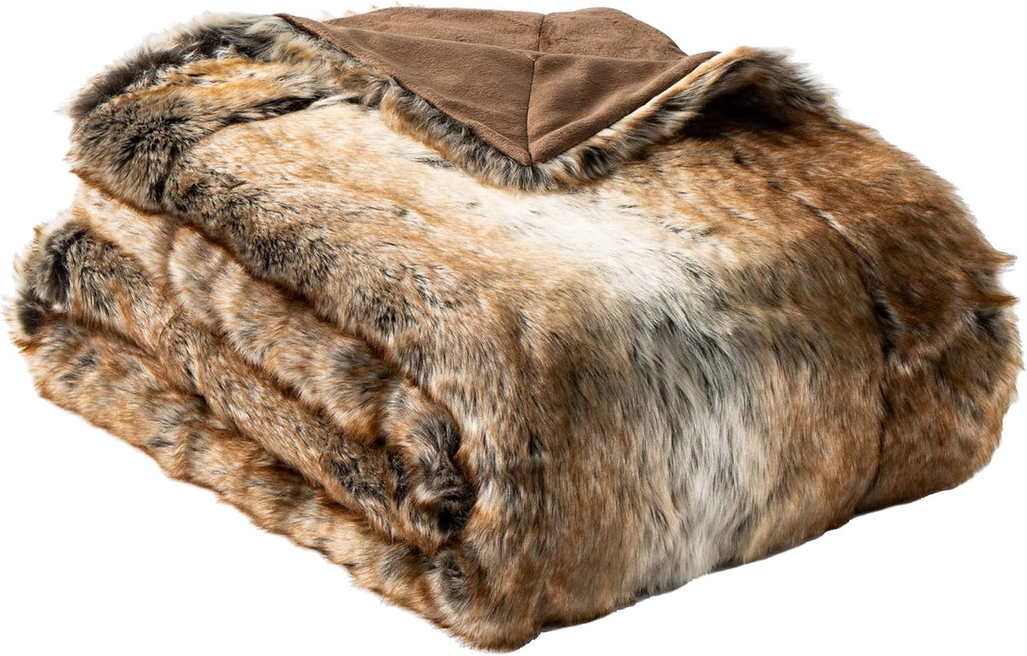Luxury Brown Faux Fur Blanket Thick Warm Elegant Cozy Fuzzy Throw for Couch, Bed, Sofa Fluffy Blankets Decorative Reversible to Plush Velvet, 50"X60"