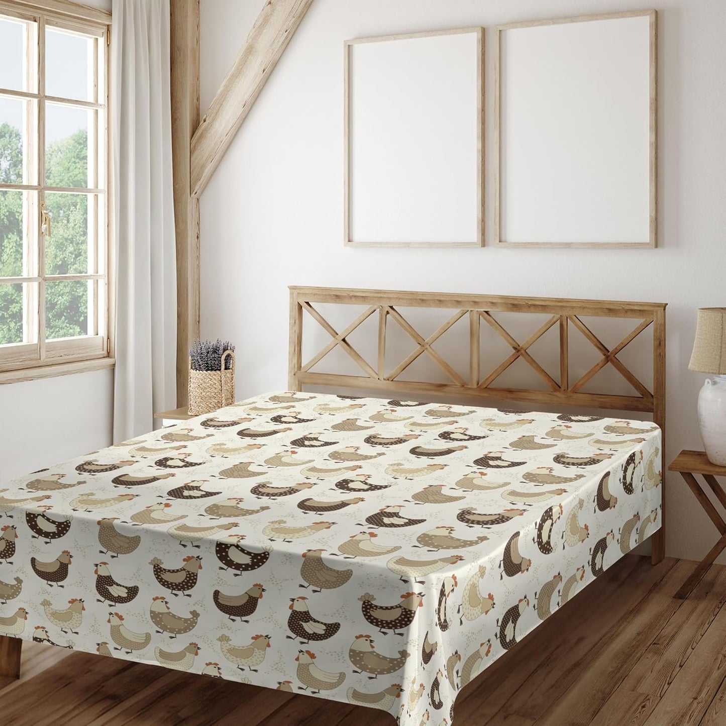 Chicken Flat Sheet, Farming Village Animals with Polka Dots Retro Pattern Agriculture Theme, Soft Comfortable Top Sheet Decorative Bedding 1 Piece, Queen Size, White Brown
