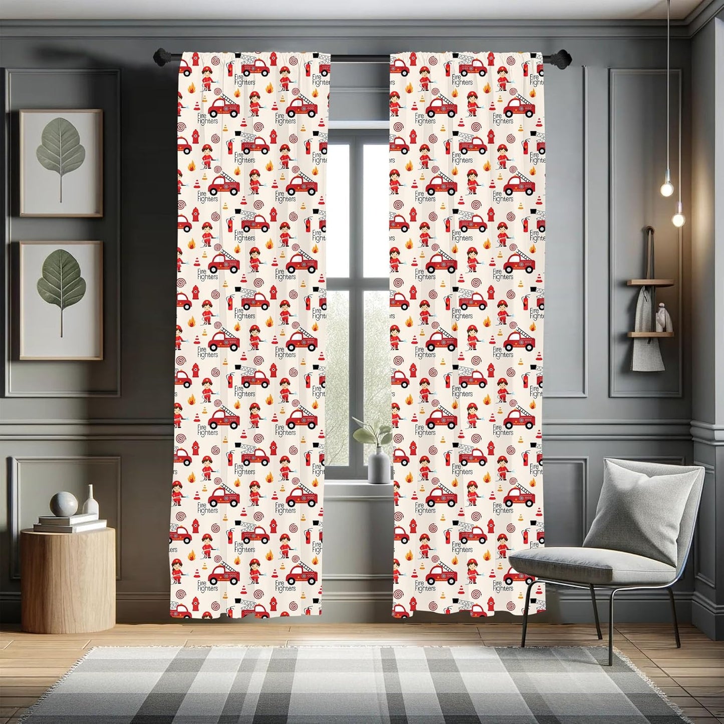 Truck Window Curtains, Little Boys and Girls in Uniforms Fighters Theme Career Profession Pattern, Lightweight Decor 2-Panel Set with Rod Pocket, Pair of - 28" X 84", Red Cream