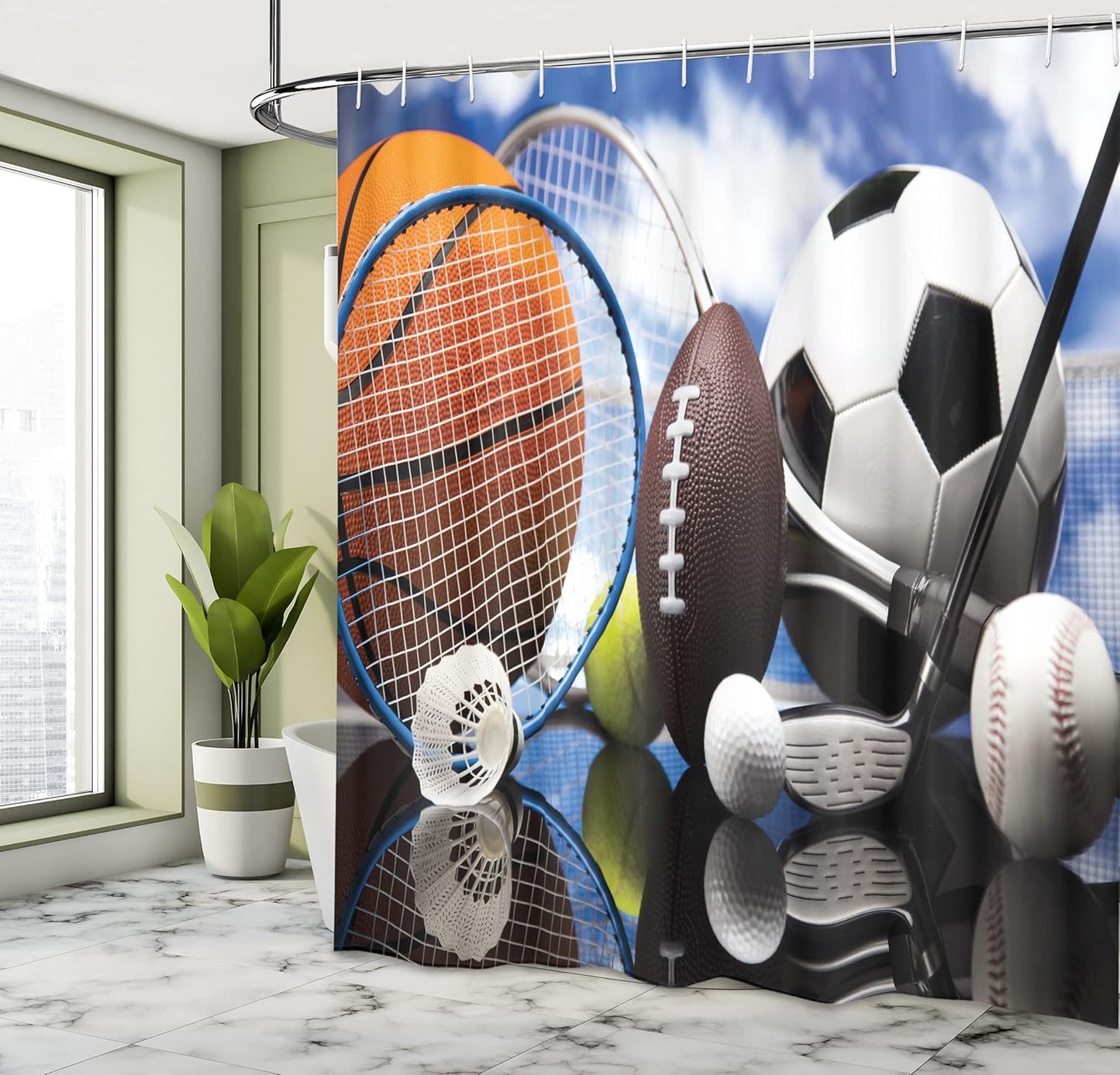 Sports Shower Curtain, Sports Equipment Football Soccer Darts Ice Hockey Baseball Basketball Theme, Cloth Fabric Bathroom Decor Set with Hooks, 69" W X 75" L, Orange Black