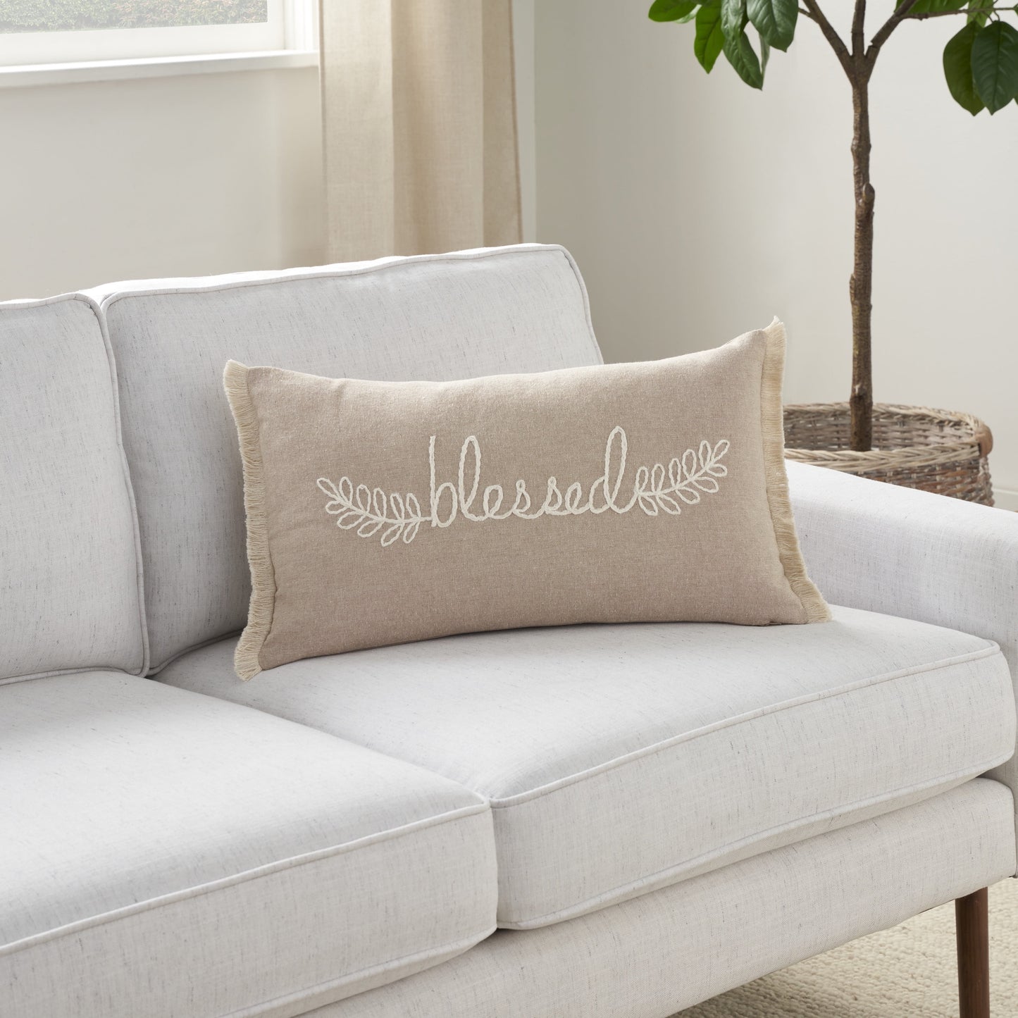 Life Styles Embroidrd Blessed Natural 12" X 21" Throw Pillow