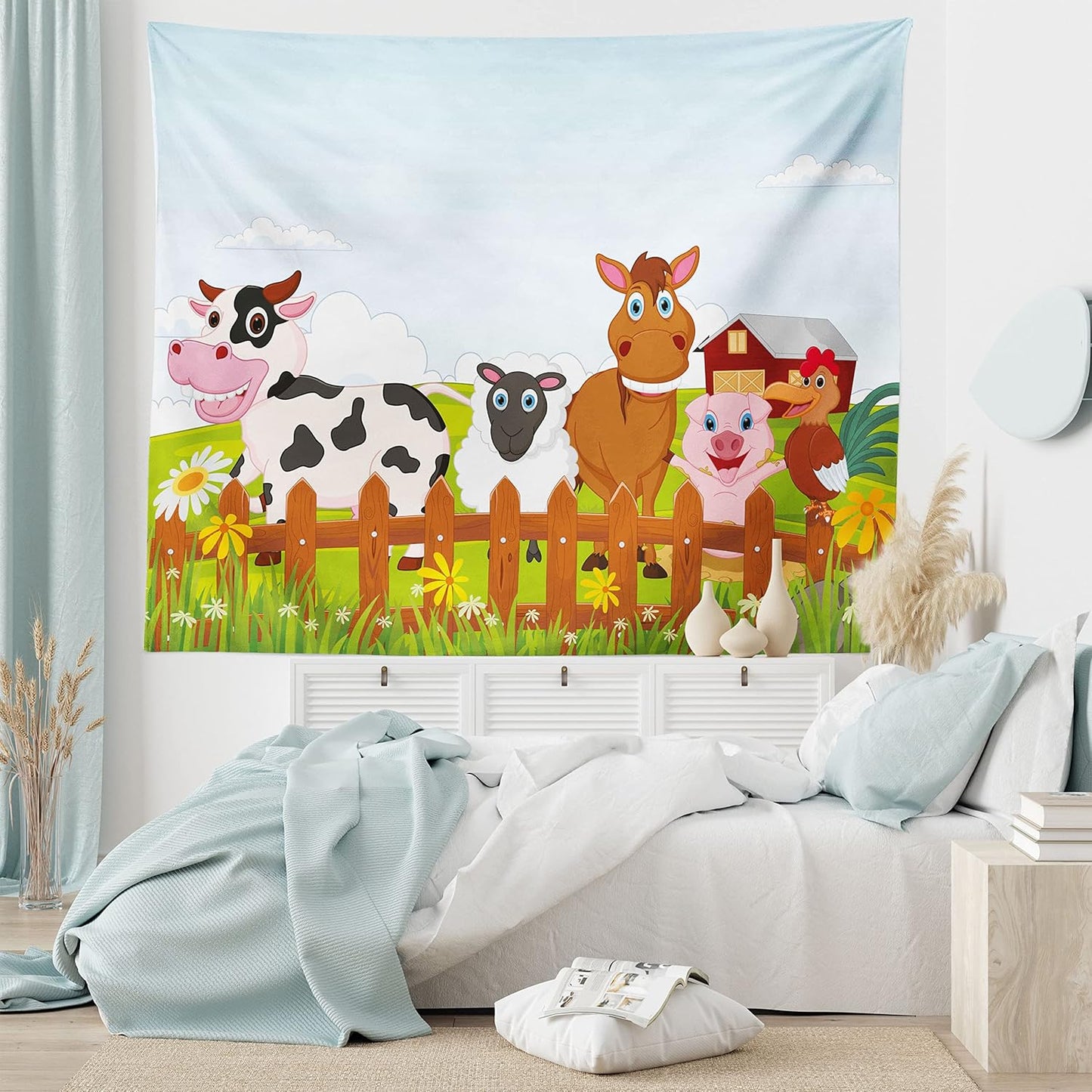 Animal Tapestry King Size, Farm Creatures Cow Horse Goat Pig and Chicken by the Fences Cartoon, Wall Hanging Bedspread Bed Cover Wall Decor, King Size, Pale Brown