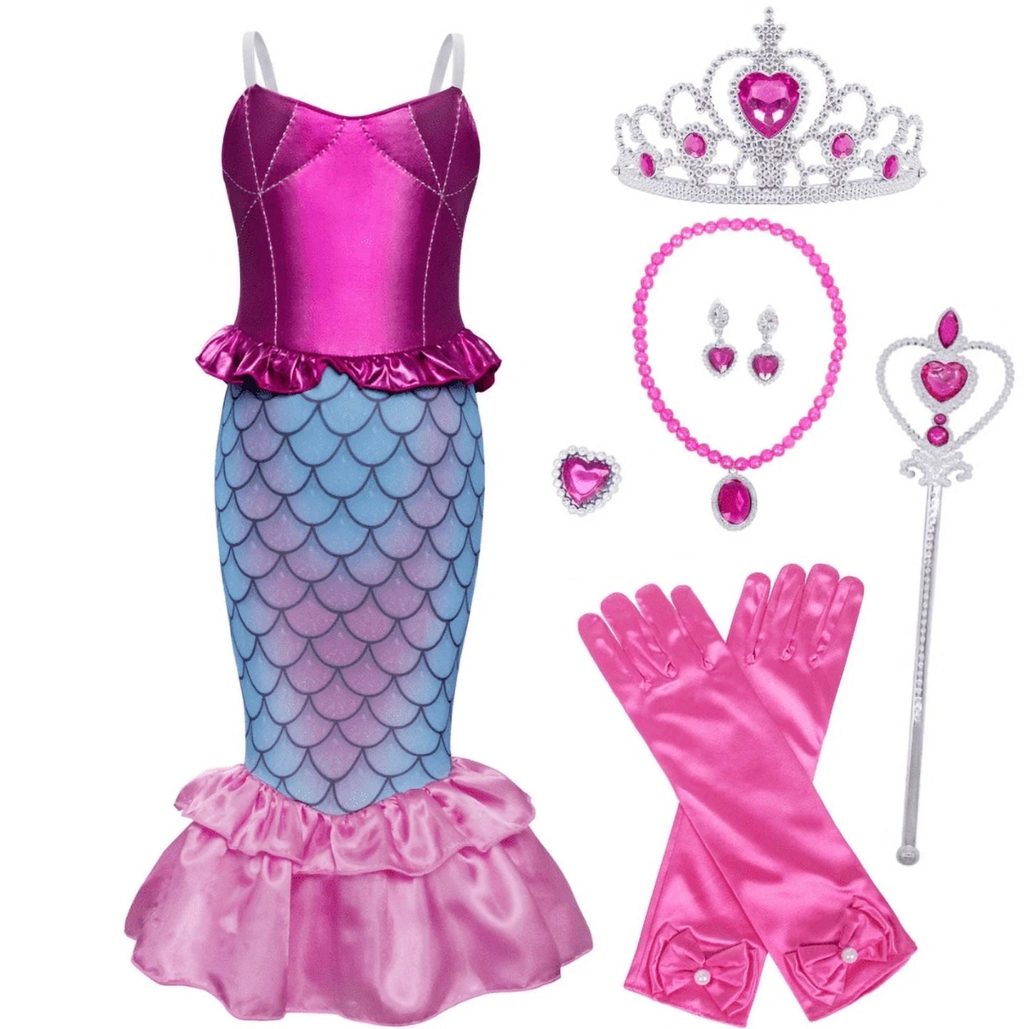 Little Girls Mermaid Costume Ariel Princess Dress up Kids Party Fancy Cosplay Childs Party Holiday Birthday Outfit with Accessories 140 CM 9-10 Years