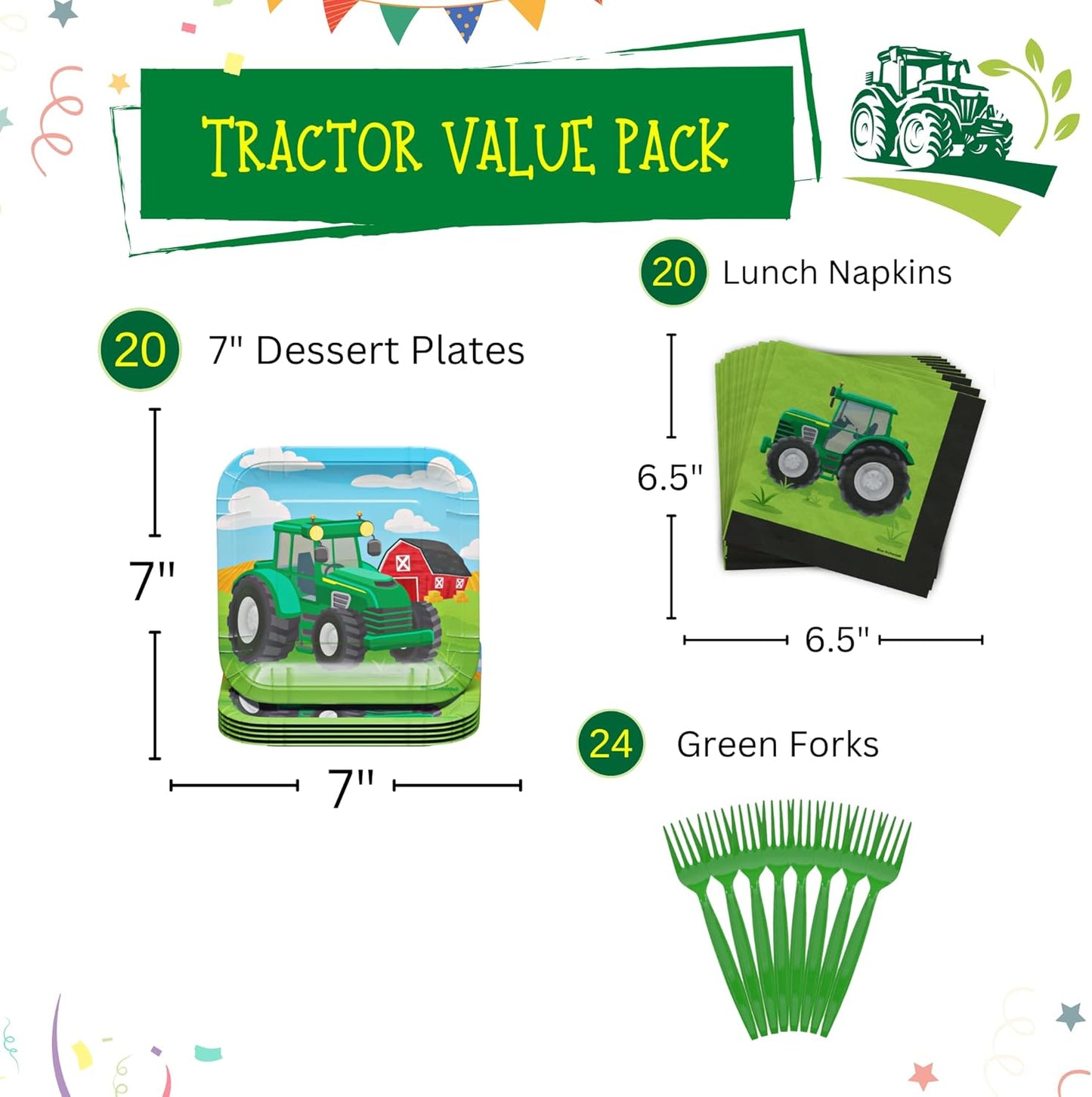 Tractor Value Party Supplies Pack (64 Pieces for 20 Guests) - Tractor Birthday Party Supplies, Tractor Party Supplies, Tractor Plates, Farm Animal Party, Tractor Theme Baby Shower