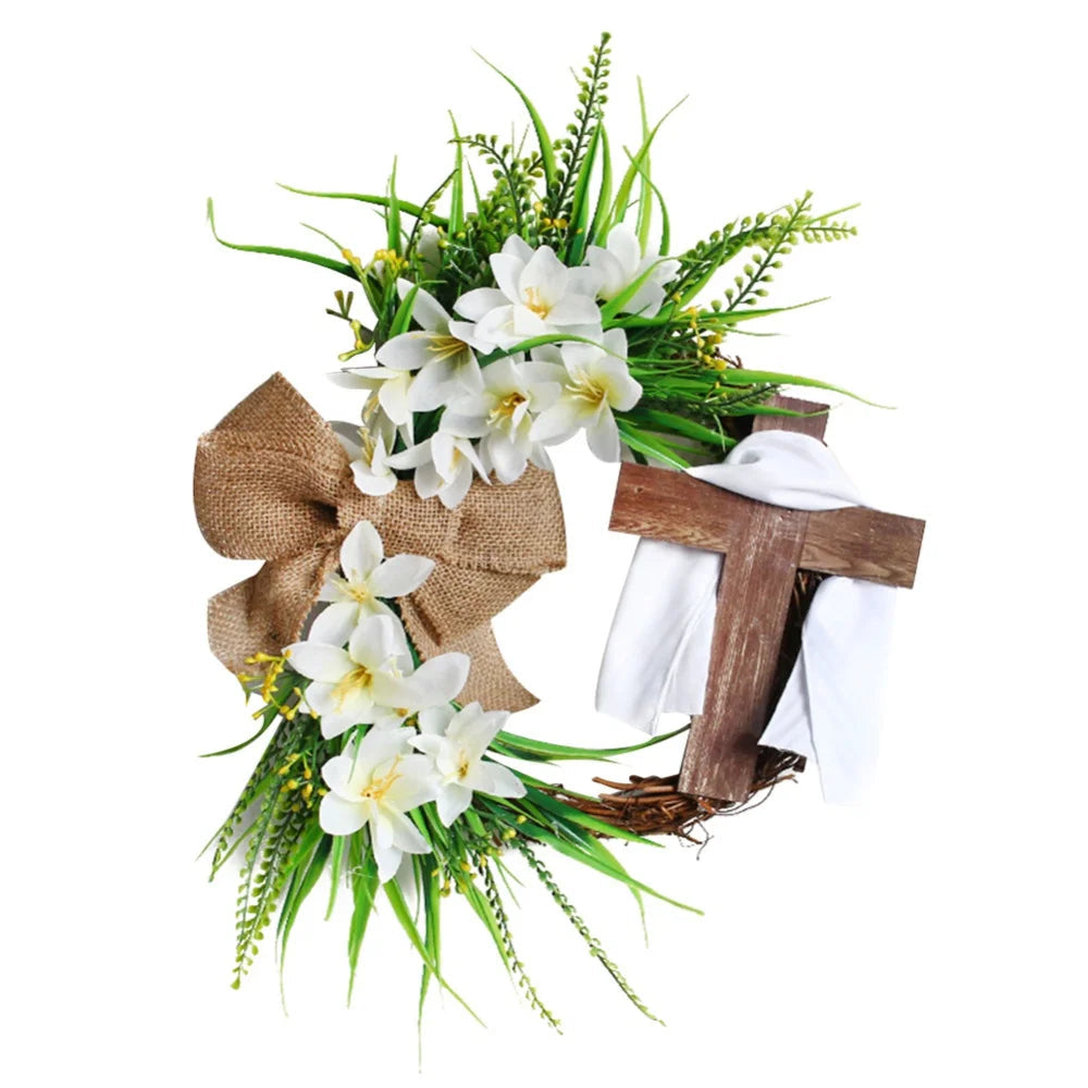 Easter Wreath with Cross Burlap Bow Rustic Grapevine Wreath Spring Decorating Farmhouse Decor Wall Home Decor Gift DIY Easter Front Door Wreath Decoration
