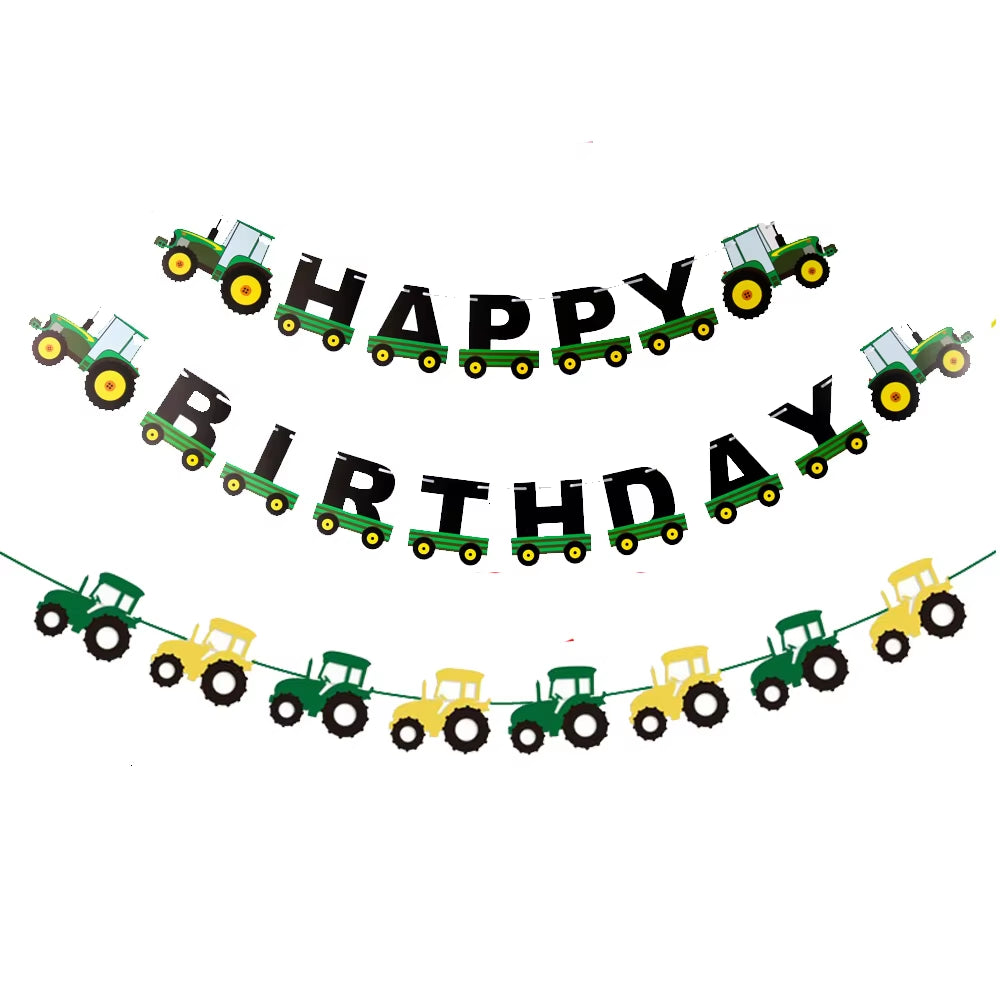 1 Set Farm Tractor Party Happy Birthday Banner Excavator Vehicle Green Theme Balloons Cake Topper Party Decoration