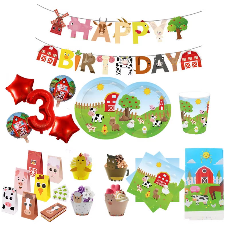 Baby Shower Farm Animals Theme Party Favors Decorations with Balloon Cartoon Disposable Tableware Sets Birthday Party Supplies