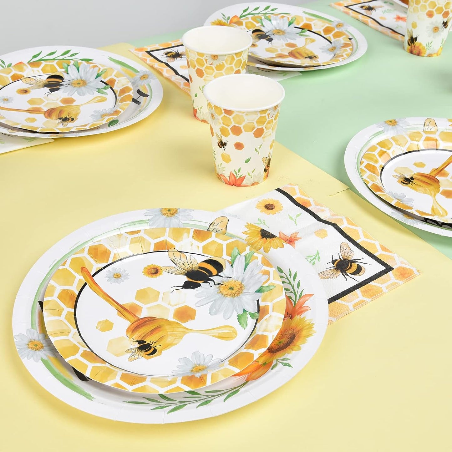 Bee Party Tableware Set - Bee Party Supplies Set for Kids Girls Honey Bee Birthday Bundle Baby Shower Happy Bee Day Paper Plates Cups Napkins Dinnerware Serves 16 Guests 64 PCS