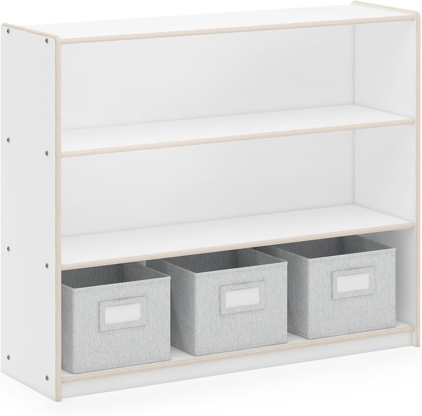 Edq Three Shelf Open Storage White with 3 Fabric Bins: Wood Bookshelf and Toy Organizer for Kids and Teachers; School Supply Furniture for Classrooms and Home