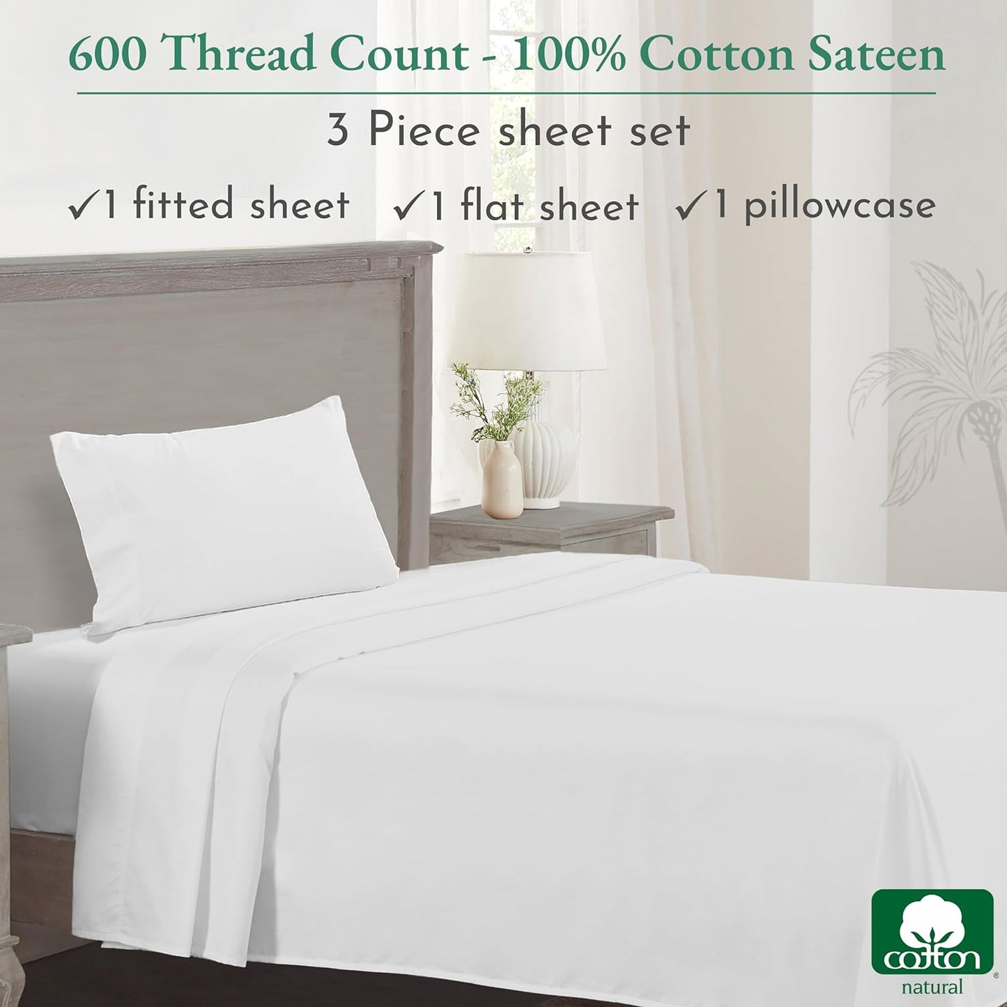 Luxury Twin XL Sheet Set - 100% Cotton, 600 Thread Count Deep Pocket XL Twin Sheets, Soft Hotel-Quality Bedding with Sateen Weave - Bright White