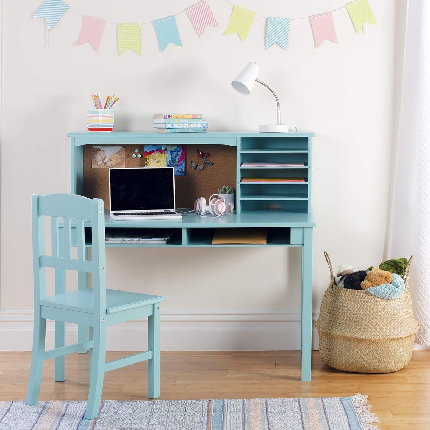 Kids Media Desk, Hutch and Chair Set - Teal: Kids Table and Chairs Set, Student'S Study Desk with Storage, Computer Workstation | Wooden Kids Bedroom Furniture Set
