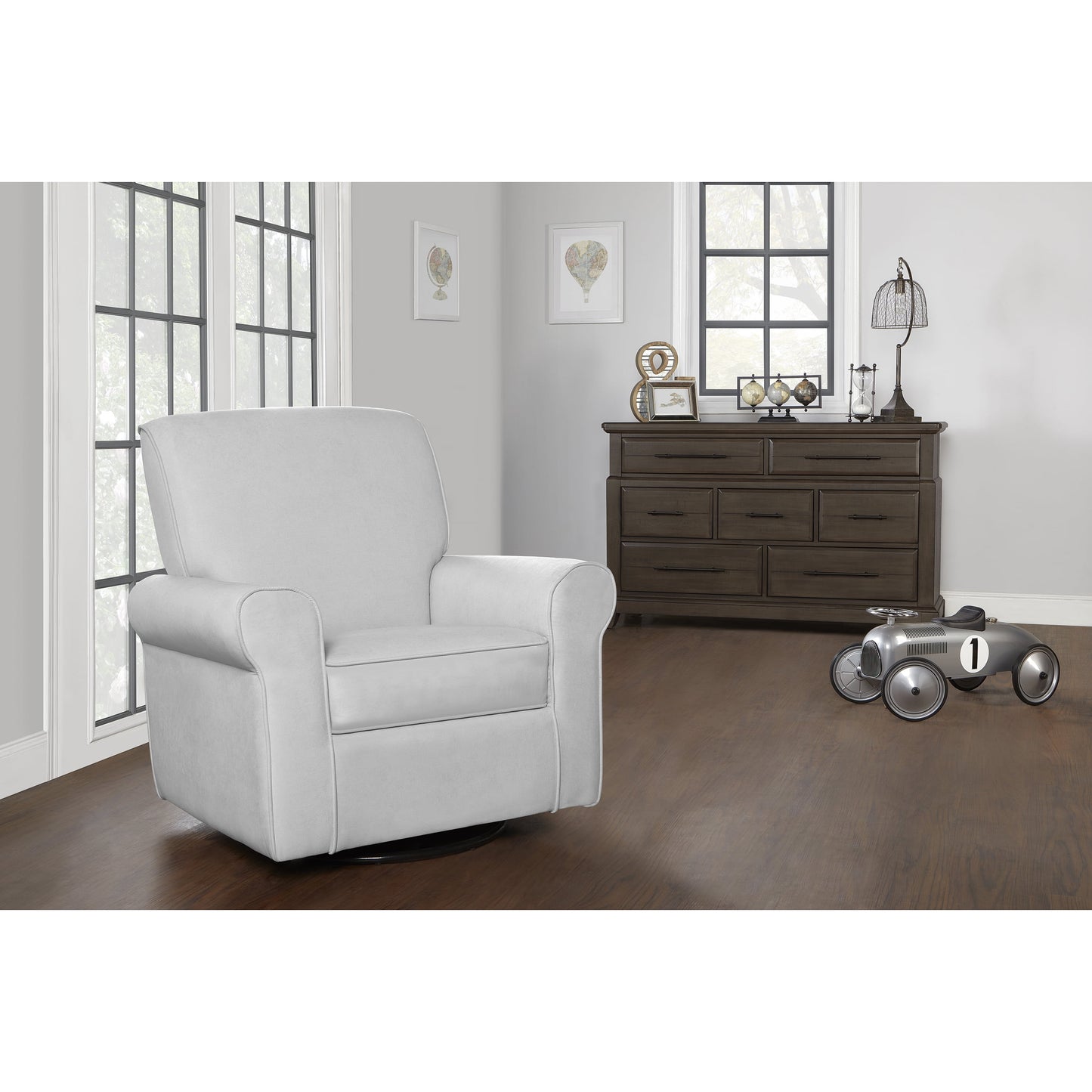 London Upholstered 360 Swivel L Glider I Rocker I Nursery Glider I Durable Soft Fabric in Gray Finish