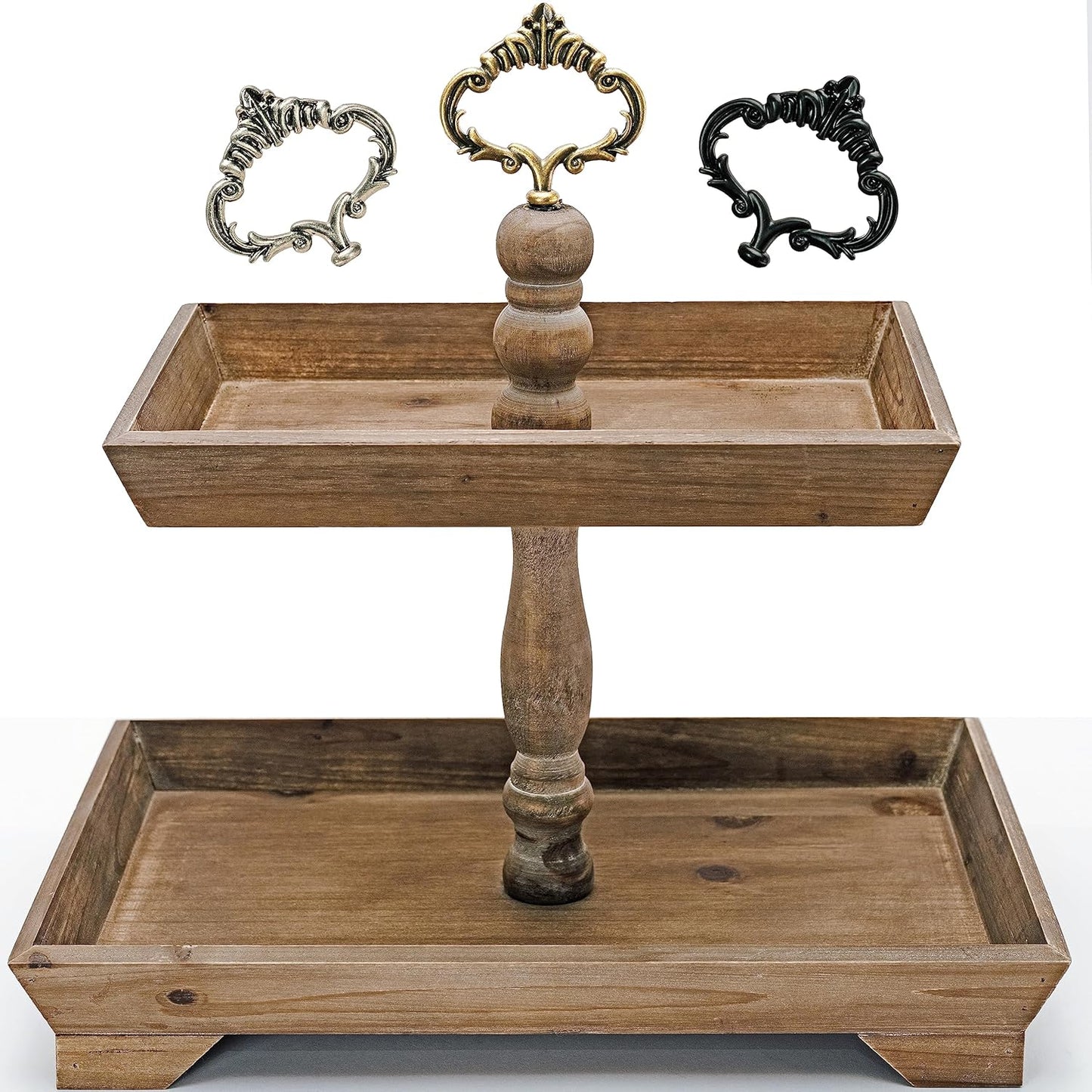 Rustic Wood Two Tiered Tray Rectangle 2 Tier Serving Tray for Coffee Bar, Kitchen Counter, Dining Room Table, Cupcake Stand, Holiday and Farmhouse Decor (Rustic Brown)