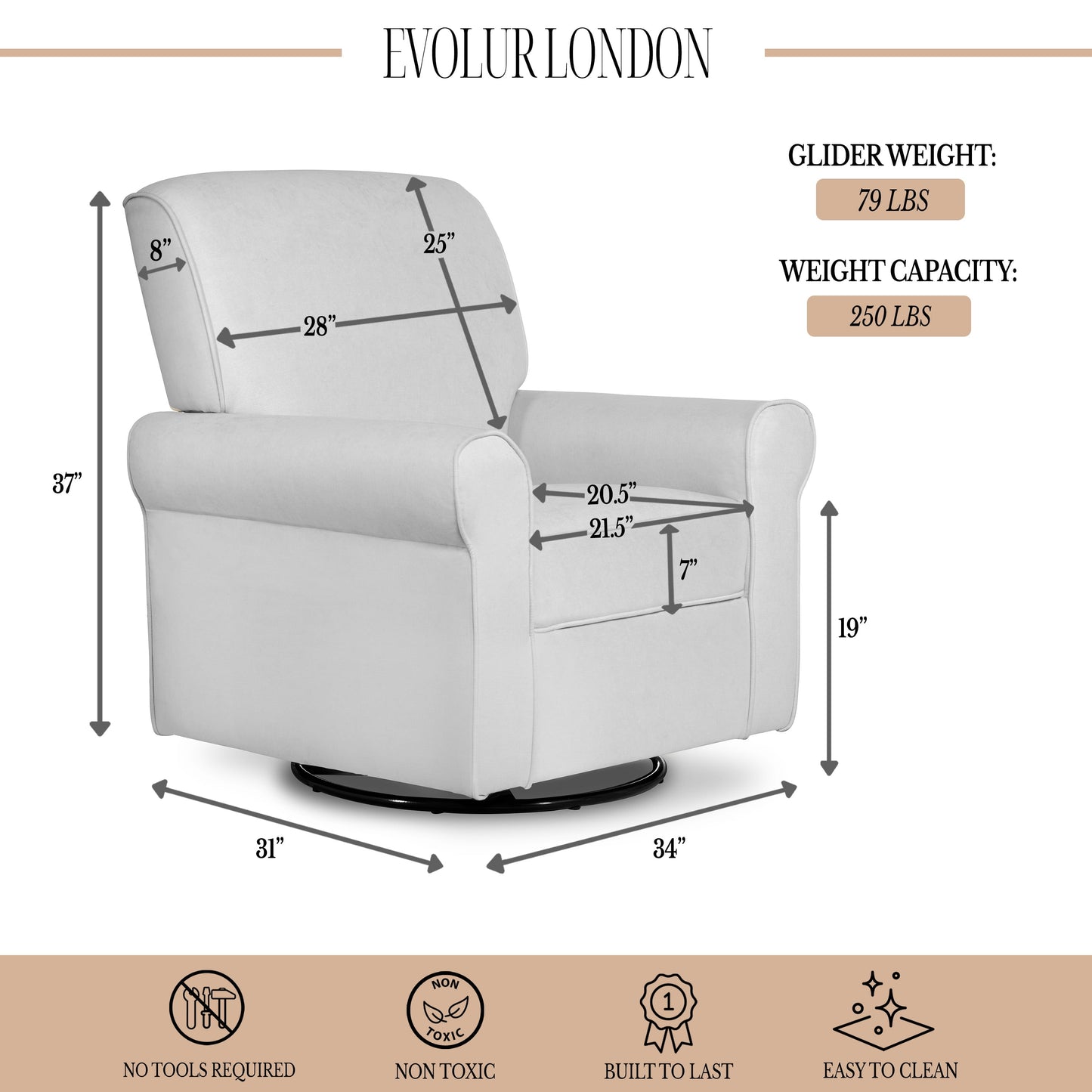 London Upholstered 360 Swivel L Glider I Rocker I Nursery Glider I Durable Soft Fabric in Gray Finish