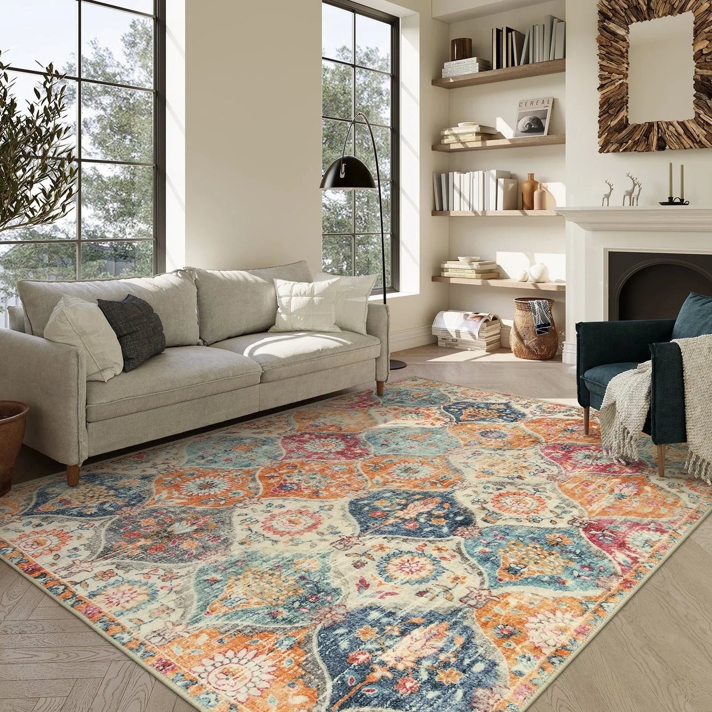 5'X7' Area Rug for Living Room Non-Slip Moroccan Indoor Washable Rug Ultra-Thin Foldable Soft Carpet Floral Accent Throw Rug for Kitchen Entryway Bathroom Bedroom Office Carpet,Grey