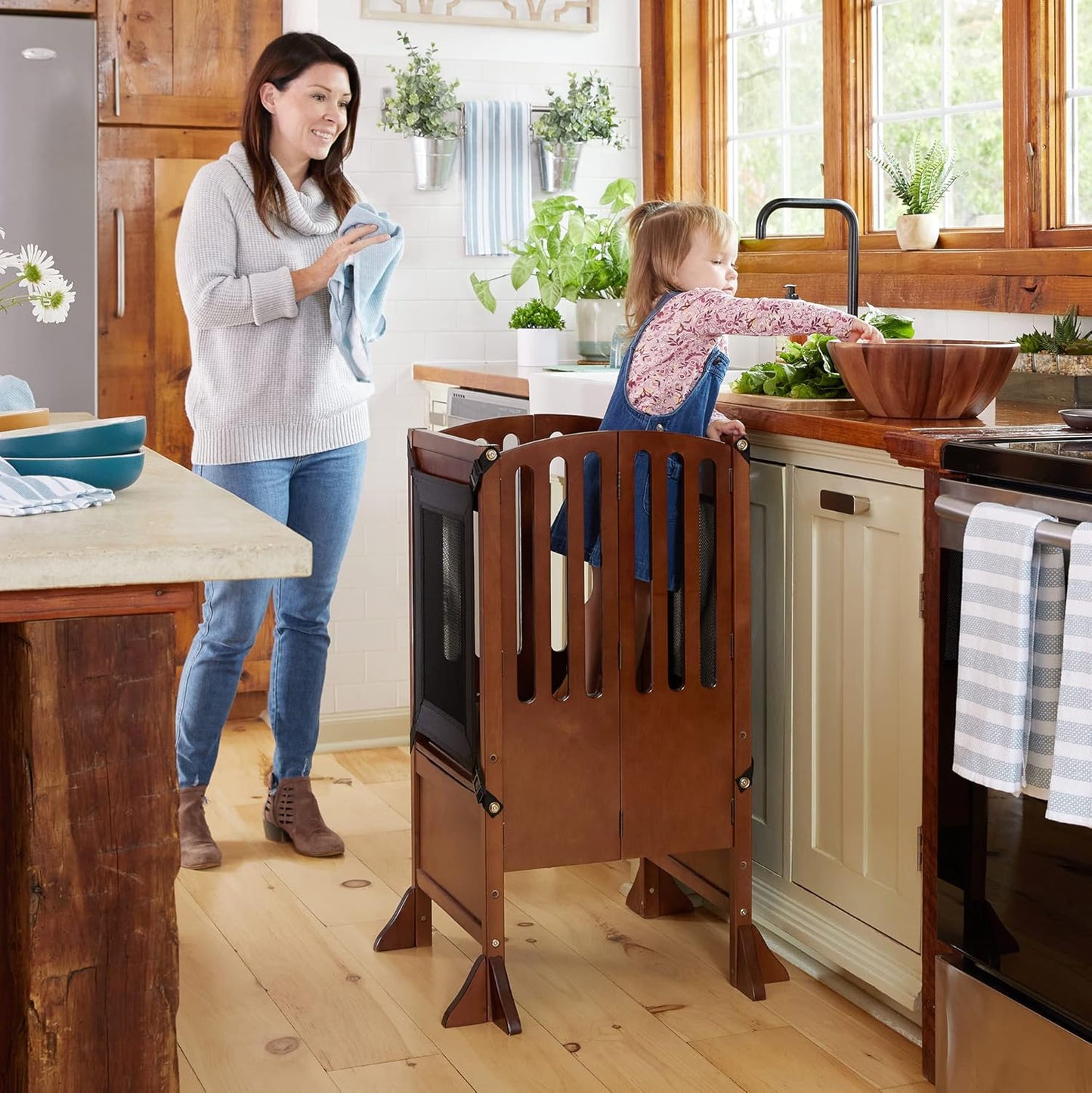 Contemporary Kitchen Helper® Stool with 2 Keepers - Walnut: Adjustable Height Wooden Counter Step Stool for Toddlers