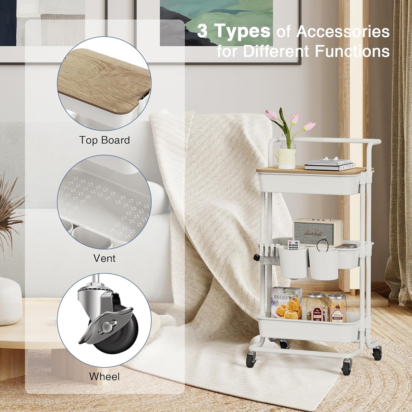 3 Tier Rolling Utility Cart with Cover Top Board, Movable Kitchen Storage Cart Trolley with Lockable Wheels, Cups, Hooks for Kitchen Bathroom Home Office Art Craft Storage and Organization(White)