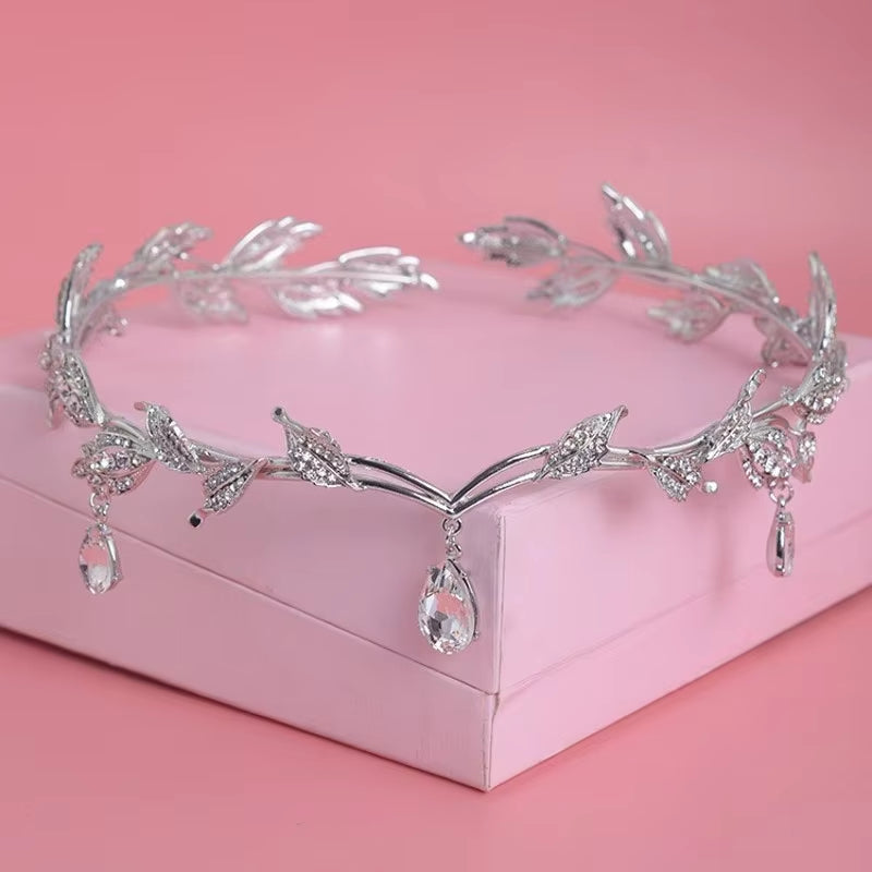 Rose Gold Color Crystal Crown Bridal Hair Accessory Wedding Rhinestone Teardrop Leaf Tiara Headband Frontlet Bride Hair Jewelry