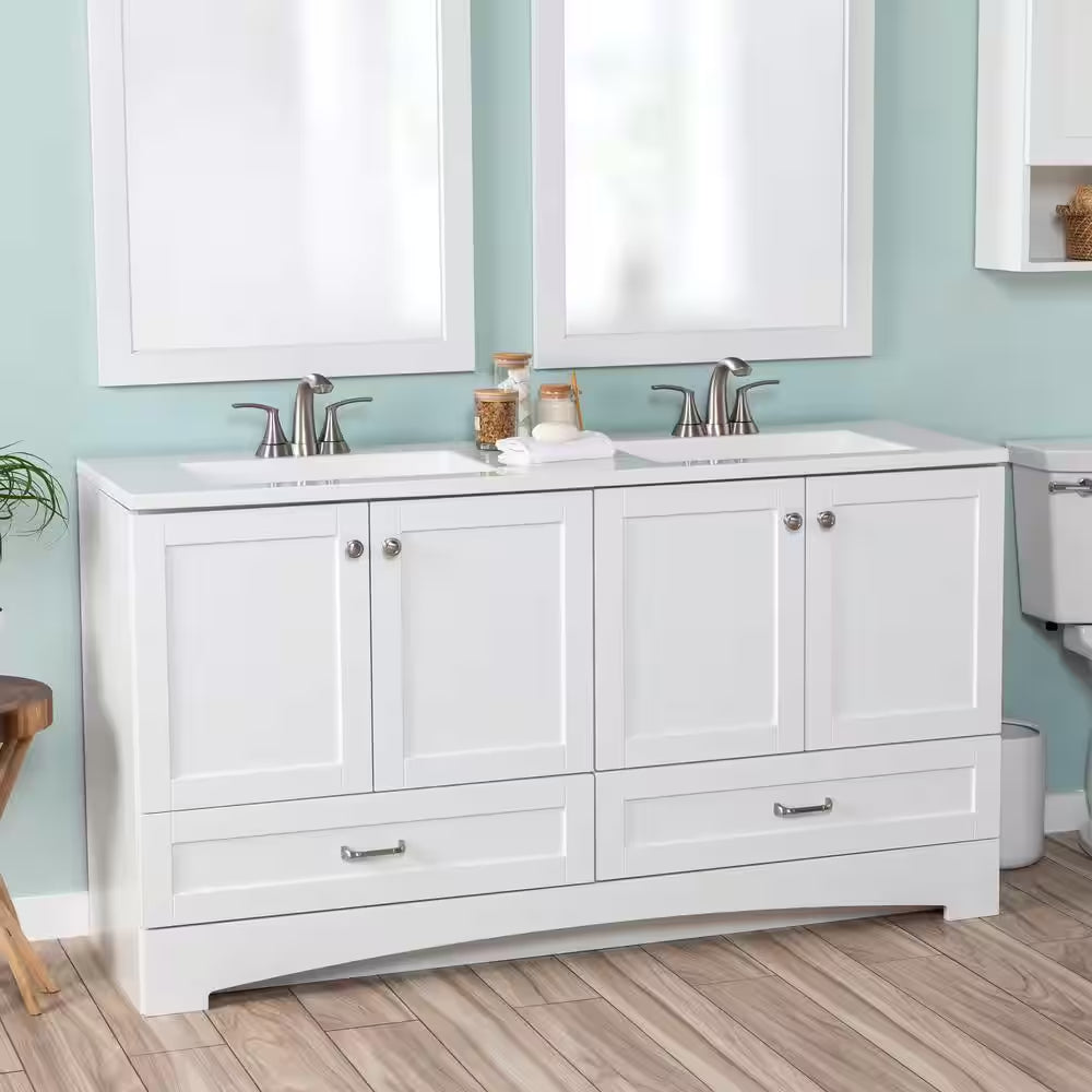 Lancaster 61 In. Double Sink White Bath Vanity with White Cultured Marble Top (Assembled)