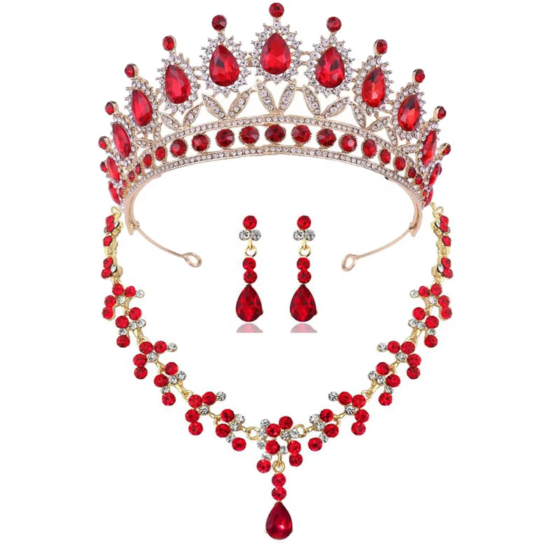 Luxury Crystal Bridal Jewelry Sets for Women Pink Tiaras Necklaces Earrings Set Bride Wedding Dress Birthday Crown Set Accessory