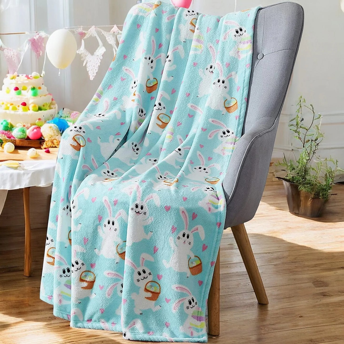 Spring Throw Blanket, Soft Cozy Velvet Fleece, Pink Blue White, 50" X 60" Inch