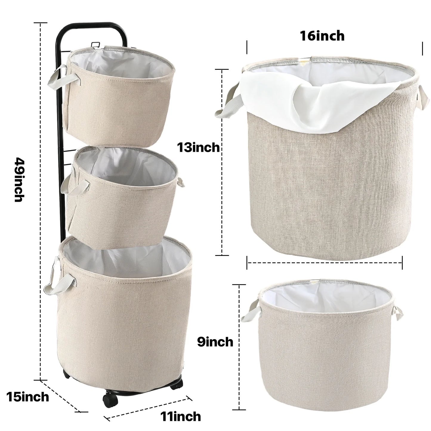 3-Tier Laundry Hamper Sorter, Laundry Storage Organizer with Wheels Movable Rolling Laundry Baskets Cart, Bathroom Cart Clothes Shelf,Laundry Butler for Bathroom Bedroom Laundry Room, Beige