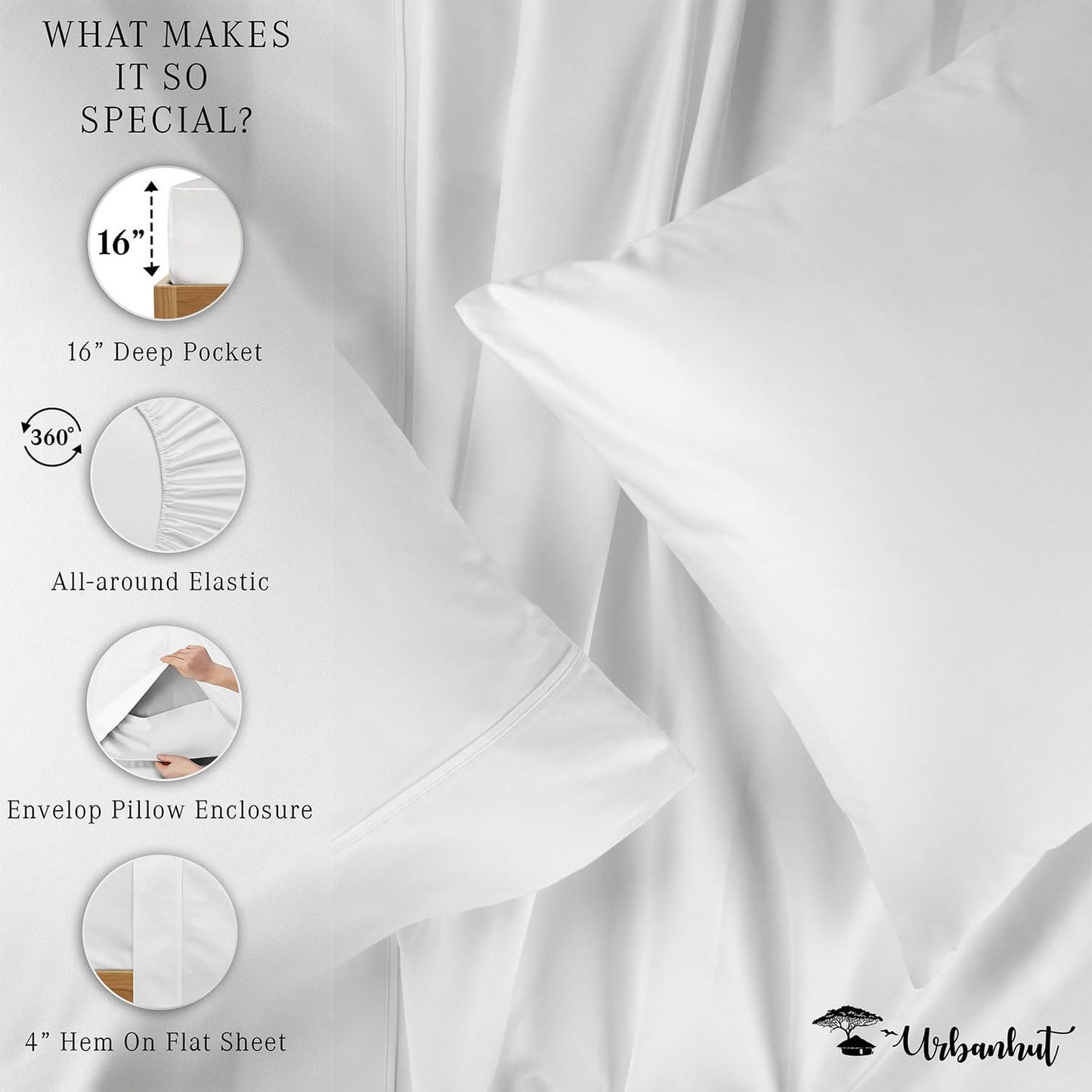 1000 Thread Count Egyptian Cotton Sheets California King Size, Long Staple Soft & Breathable, 4 Pc Bed Sheet Sets, Luxury Hotel Sateen Sheets Fits 16" Deep Pocket - White