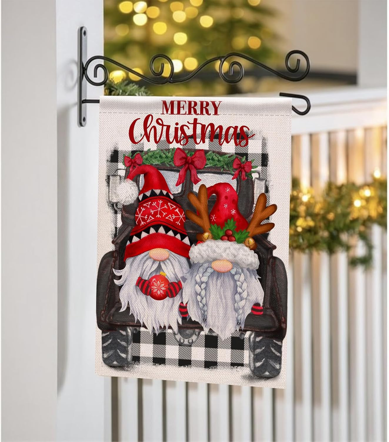 Home Decorative Merry Christmas Santa Gnome Garden Flag, House Yard Xmas Truck Antlers Black Buffalo Plaid Check outside Decoration, Winter Farmhouse Outdoor Small Flag Decor Double Sided 12X18