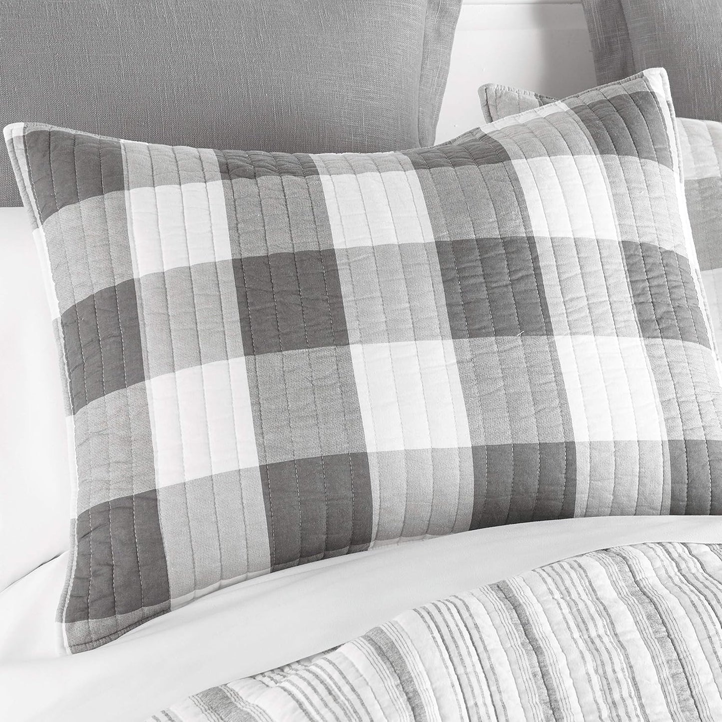 - Camden Quilt Set -Twin Quilt + One Standard Pillow Sham - Buffalo Check in Grey and Cream - Quilt Size (68 X 86 In.) and Pillow Sham Size (26 X 20 In.) - Reversible Pattern - Cotton